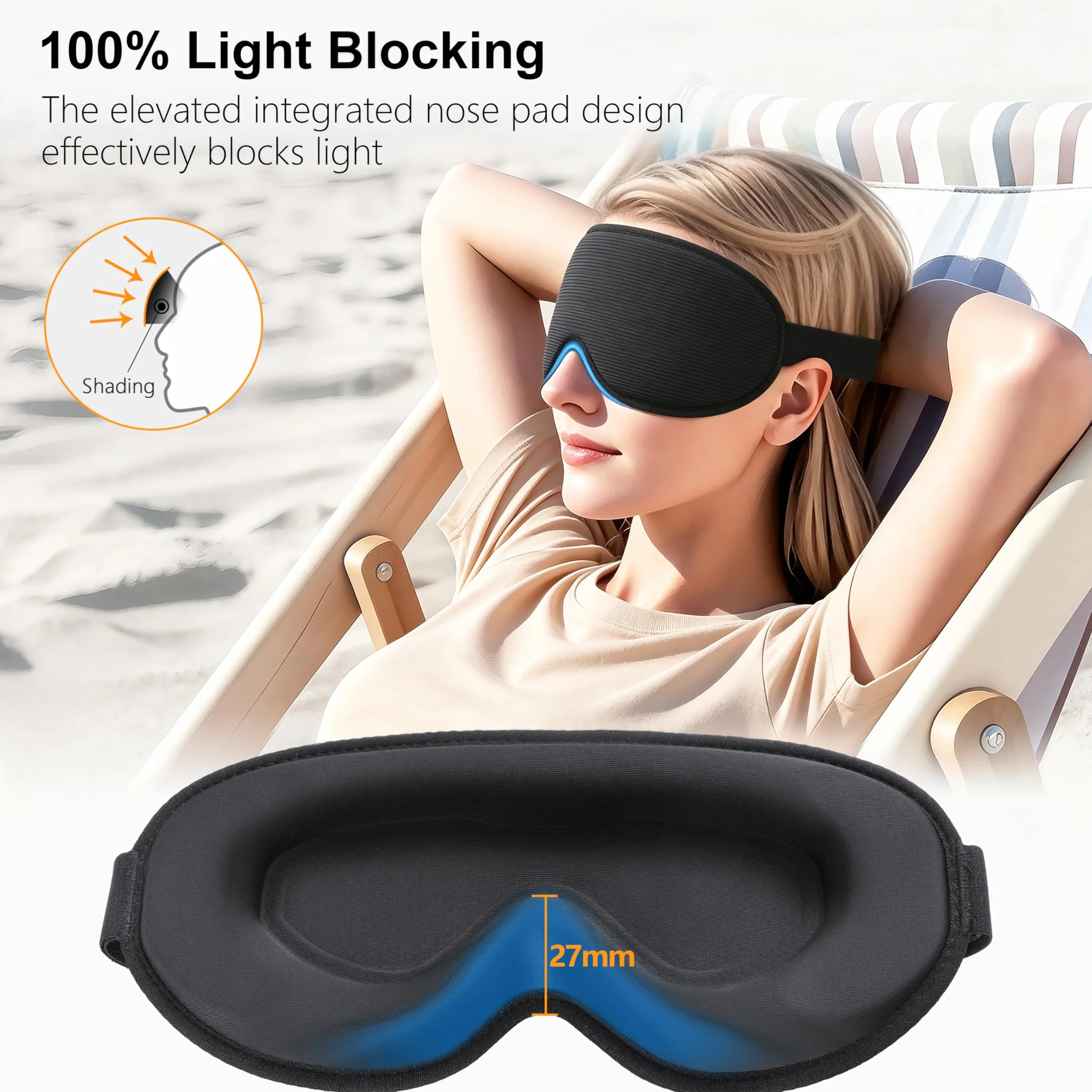 Gritin Masque de Nuit 3D Anti-Lumière Zéro Pression Oculaire Design Elargi Bande Réglable Cache Yeux pour Dormir