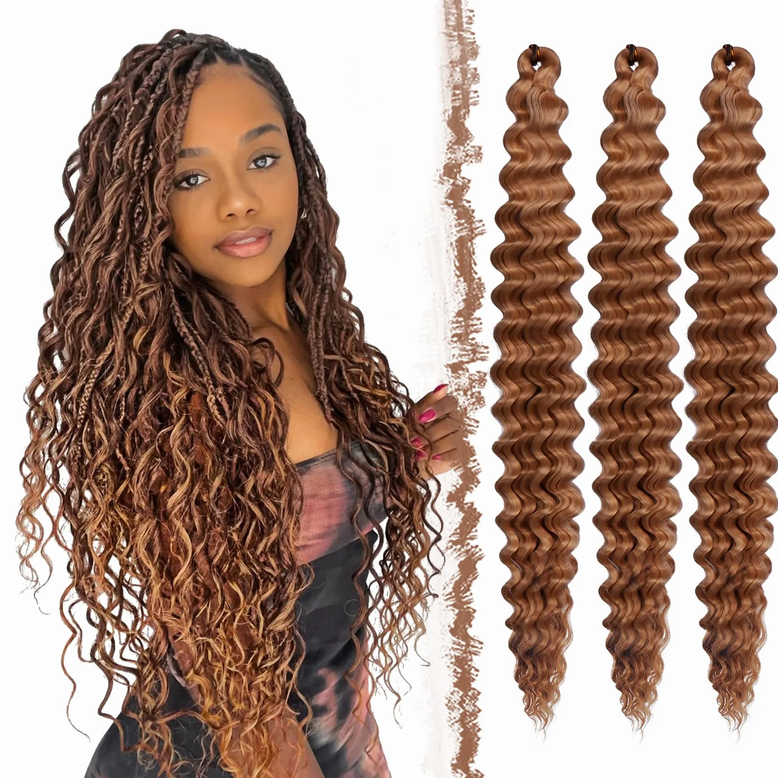 FESHFEN Crochet Braids Extensions de Cheveux - 3 Packs Deep Twist Ocean Wave Braiding Extension Synthétique Meches pour Tresses Africaine Bouclés pour Femmes, 55 cm Auburn