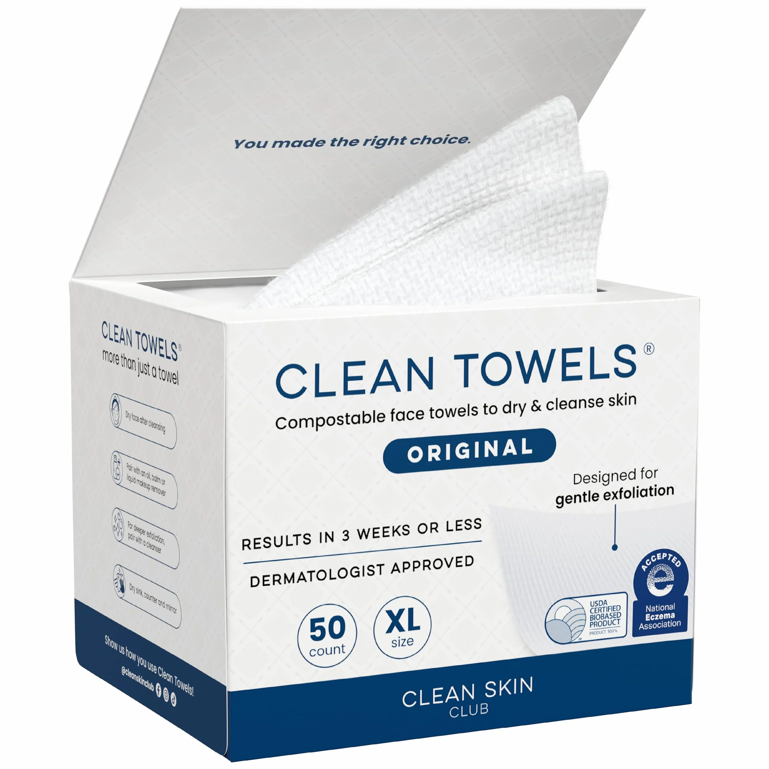 Clean Skin Club Clean Towels XL® Lingettes Visage 100% Biosourcées USDA Jetables Ultra-Douces Démaquillantes 50 Pièces