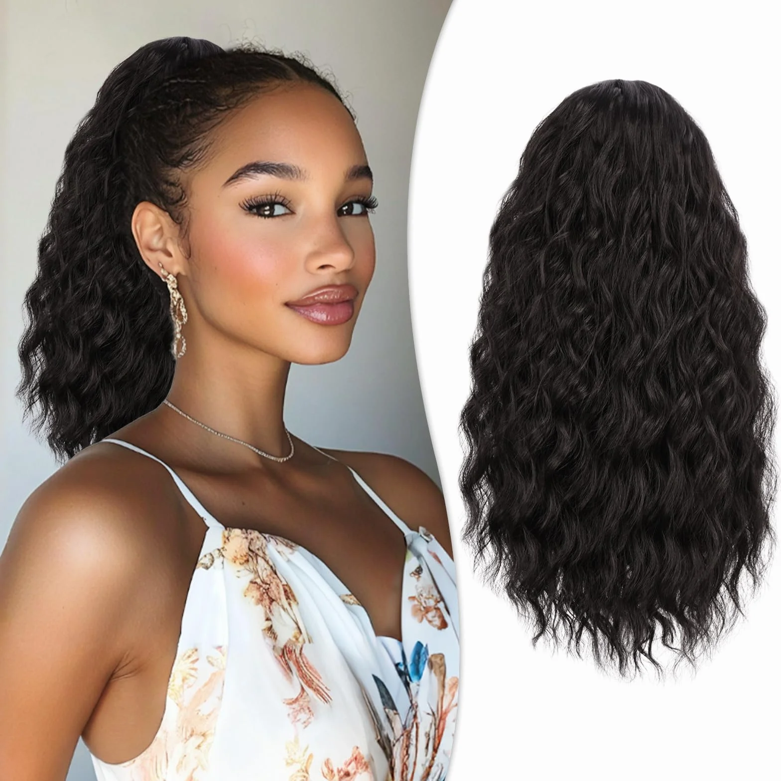 RUWISS Extension Queue de Cheval Afro Ondulée avec Cordon pour Femme Noire,40cm Noir Marron Afro Kinky Extension de Cheveux Synthétiques Postiches Bouclés