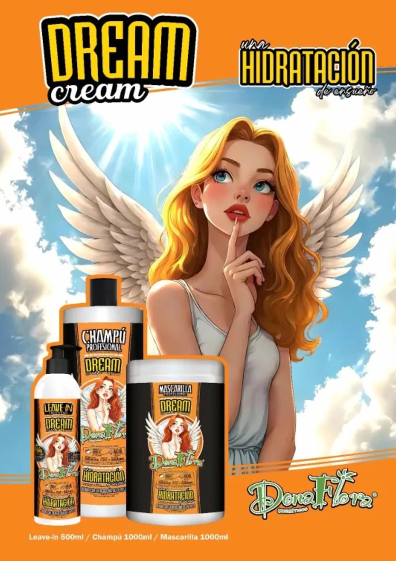 Dona Flora Leave-in Dream Cream 500ml Soin Sans Rinçage Hydratant Lissant Cheveux Secs