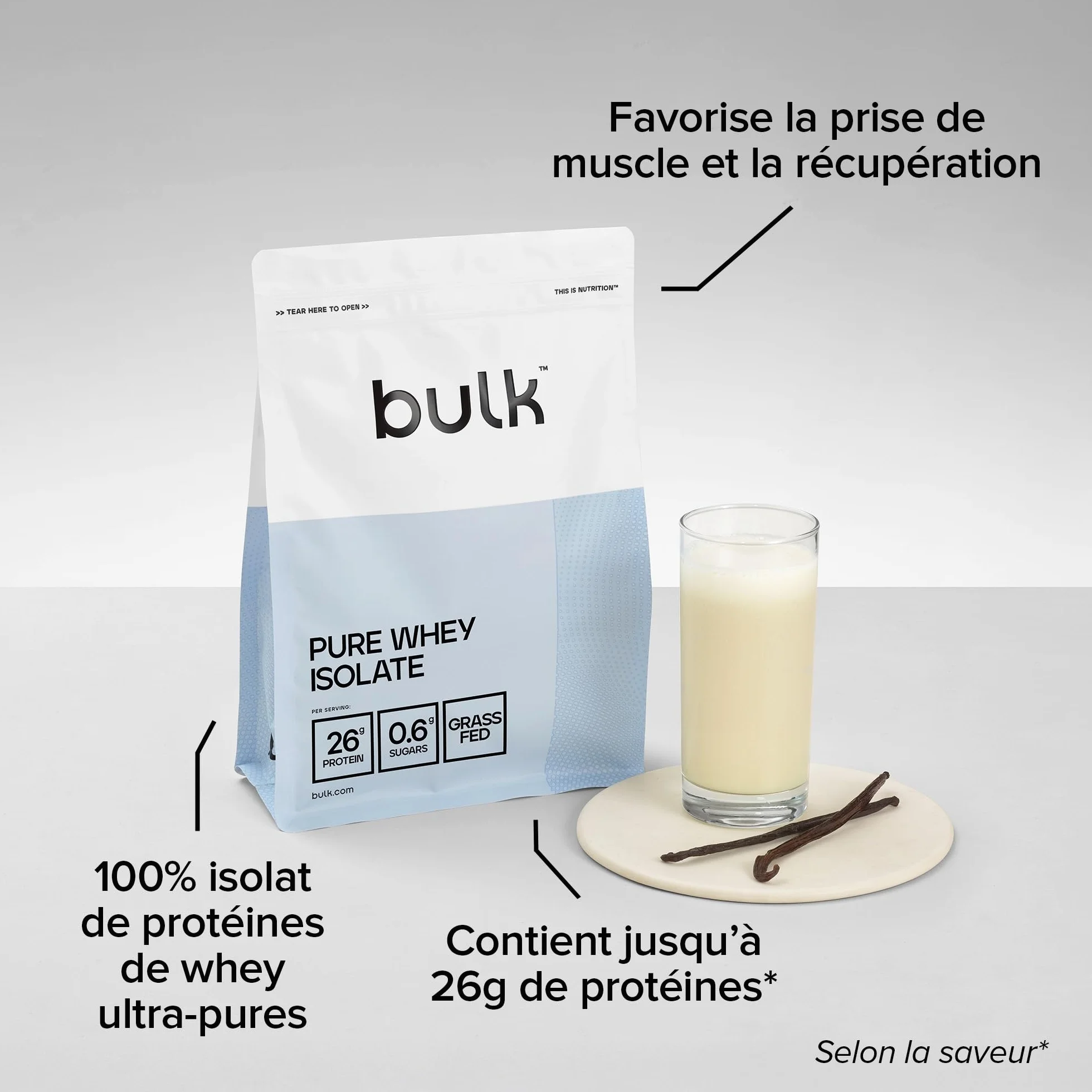 Bulk Pure Whey Isolate Vanille 25g protéines 500g Isolat de lactosérum Faible en sucre