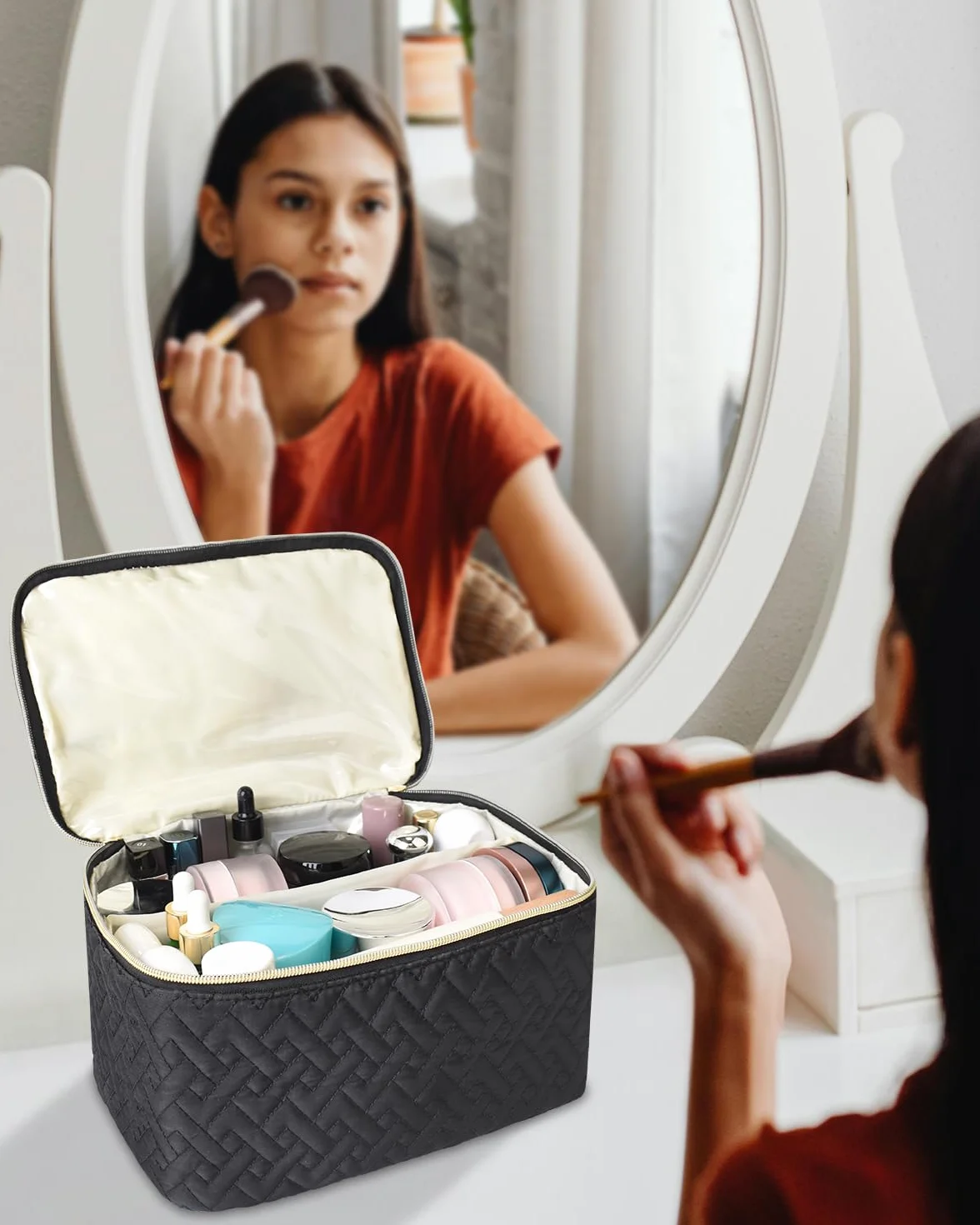 Trousse de Toilette Femme Grande Double Couche avec Compartiment à Pinceaux, Résistante à l'Eau, Noir