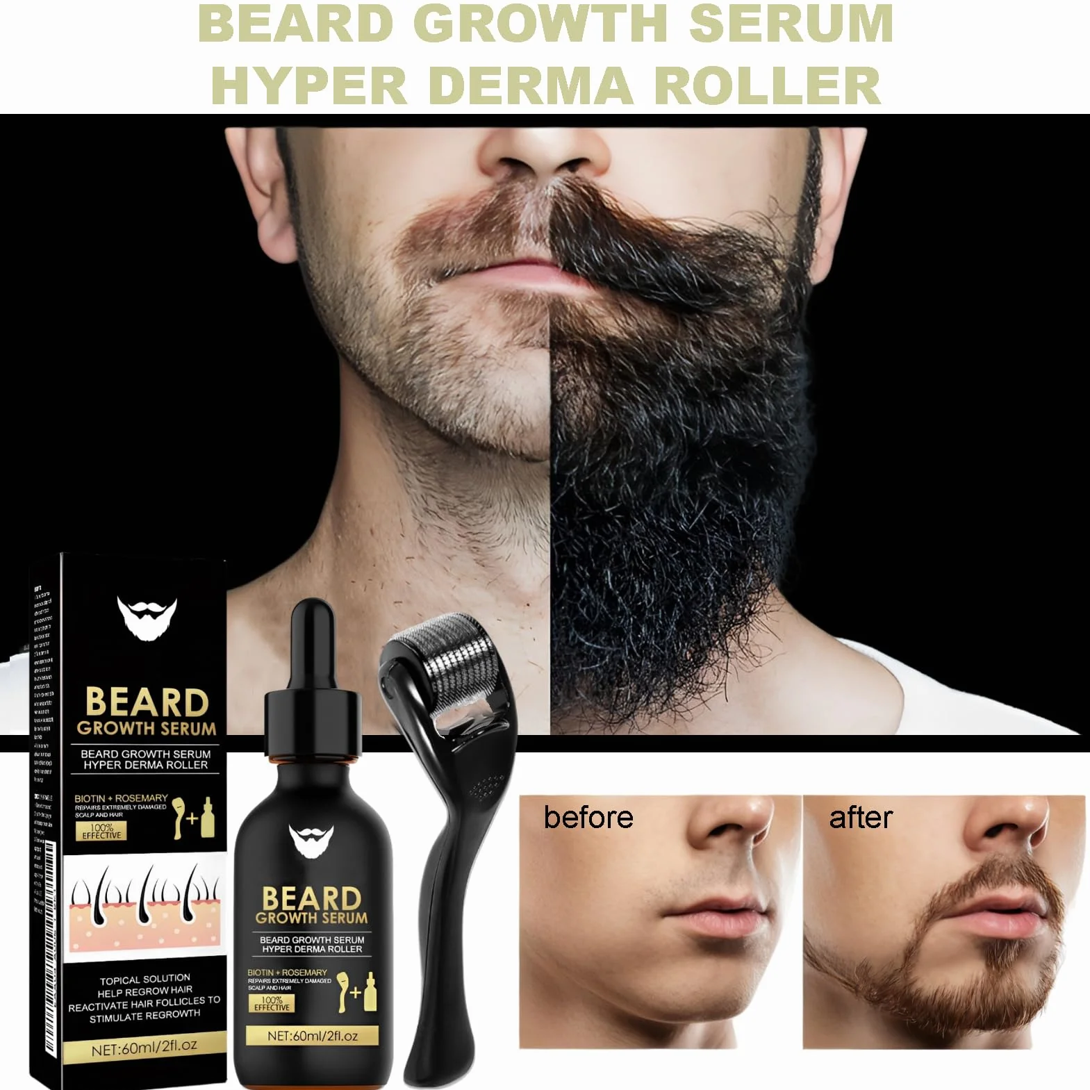 Huile de Croissance de Barbe avec Rouleau, Kit 2 Pièces pour Homme