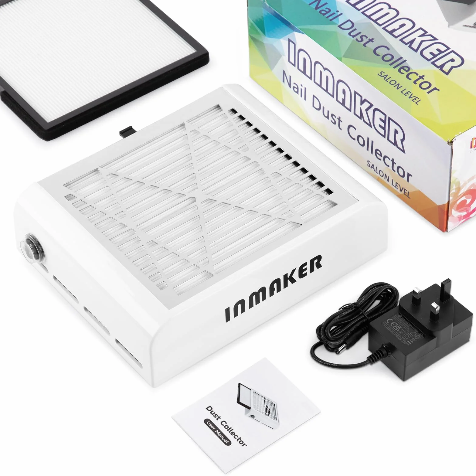 INMAKER Aspirateur Ongles Professionnelle Avec 2 Filtre Remplaçable | 60W Aspirateur Ongle Manucure pour Nail Art ou Salon, Blanc
