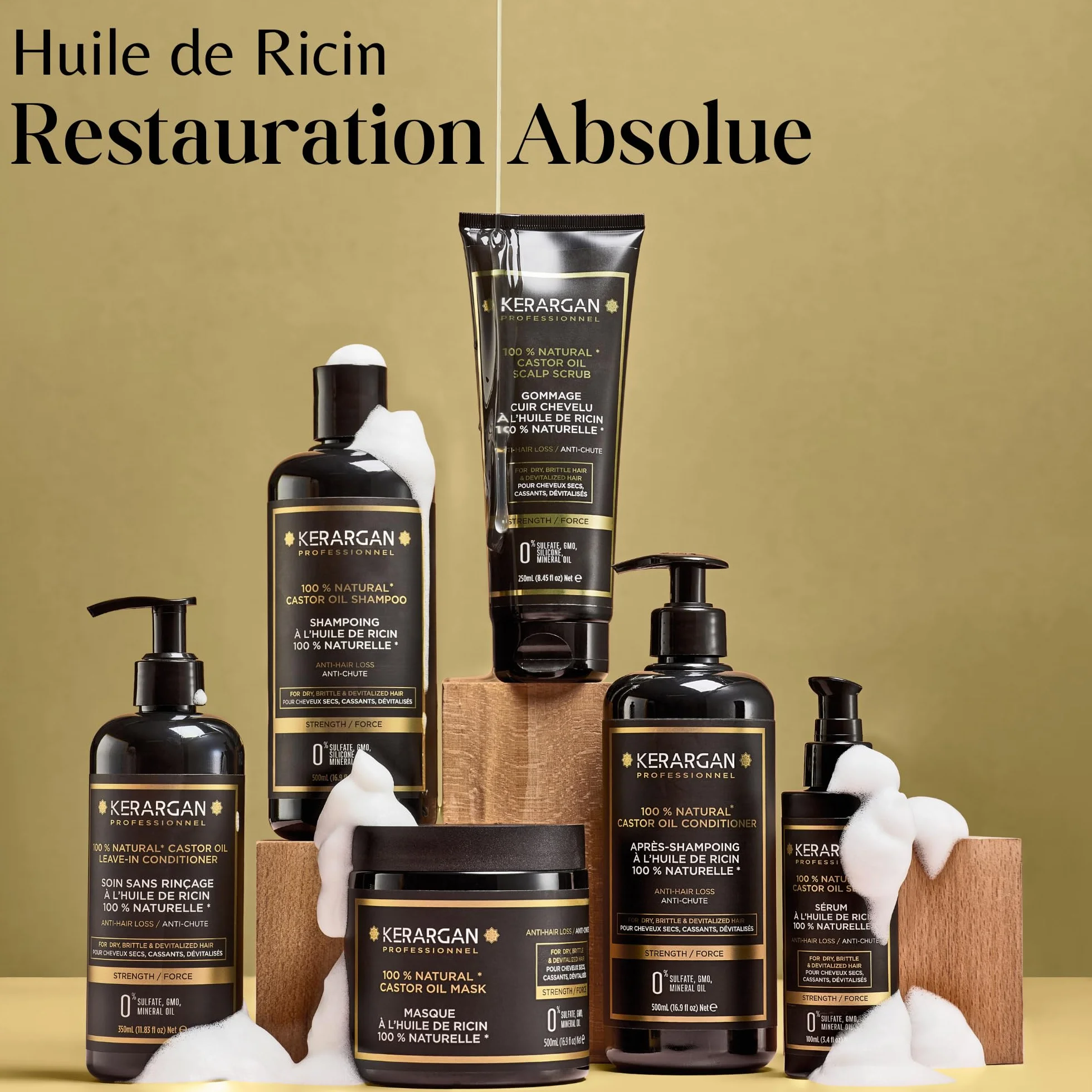 Kerargan Masque Capillaire Anti-Chute à l'Huile de Ricin Soin Intensif Cheveux Secs Cassants 500ml
