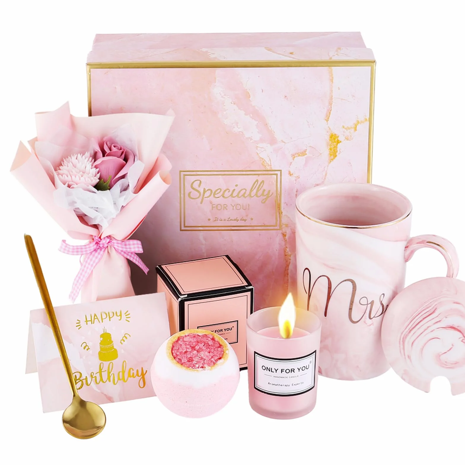 Cadeaux d’anniversaire pour femmes – Panier cadeau luxe avec tasse, bougie, bombe de bain, bouquet de savon – Idéal pour maman, épouse, sœur, amie, meilleure amie, collègue