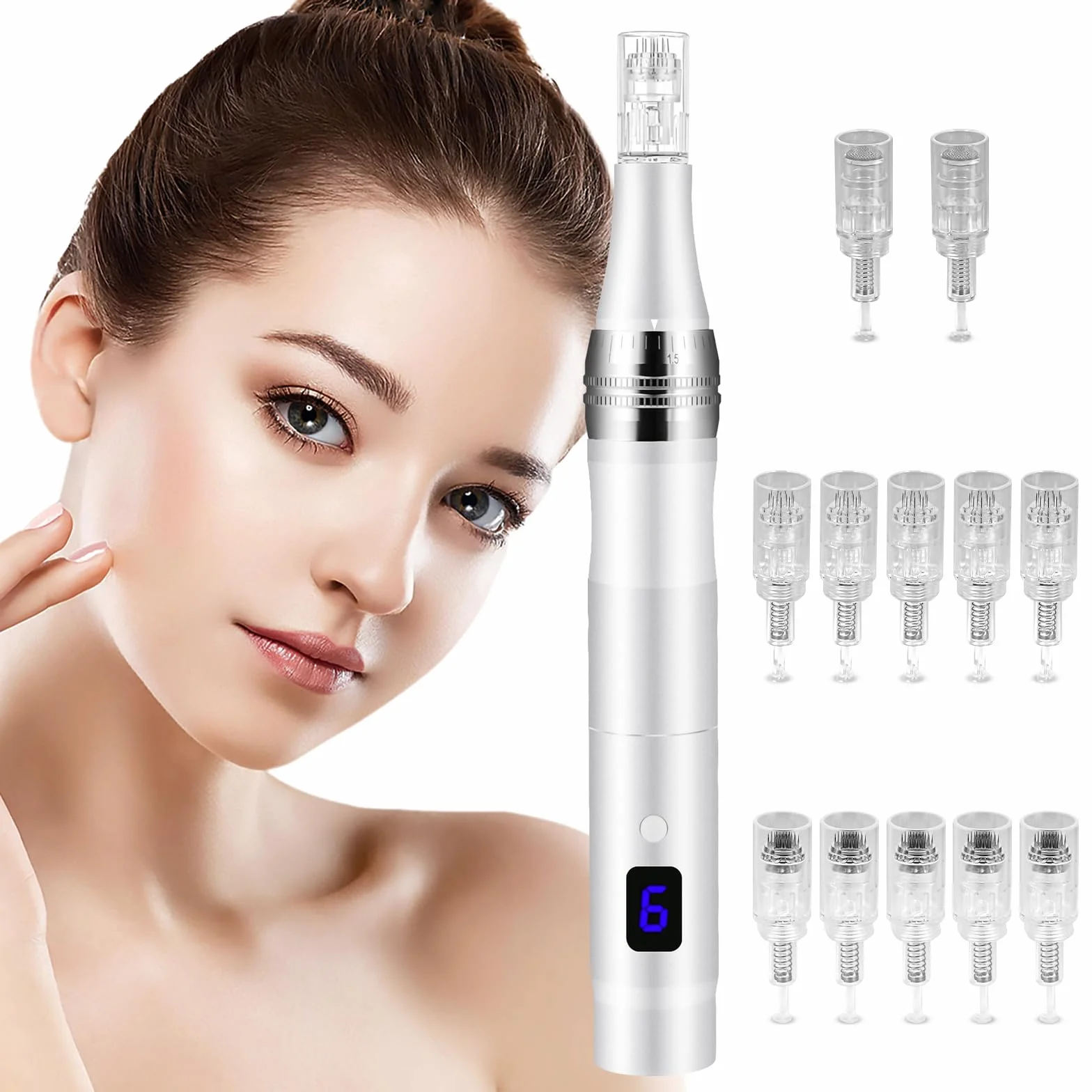 Vicloon Microneedling pour Visage, Stylo Beauté Microneedling avec 12 Cartouches de Rechange et 5 Vitesses pour Soin Visage & Corps, avec Écran LCD et Chargement Type-C, Cadeaux pour Femmes, Argent