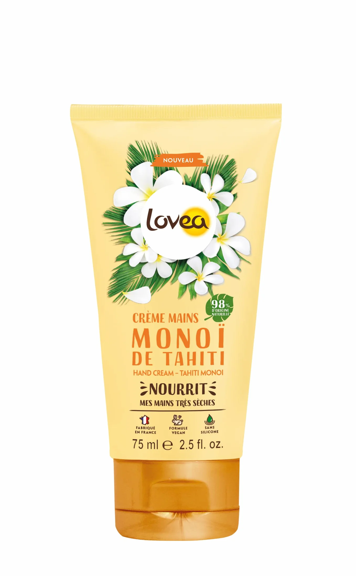 LOVEA Crème Pour les Mains Monoï de Tahiti 75 ml Peaux Très Sèches 98% d'Origine Naturelle Vegan