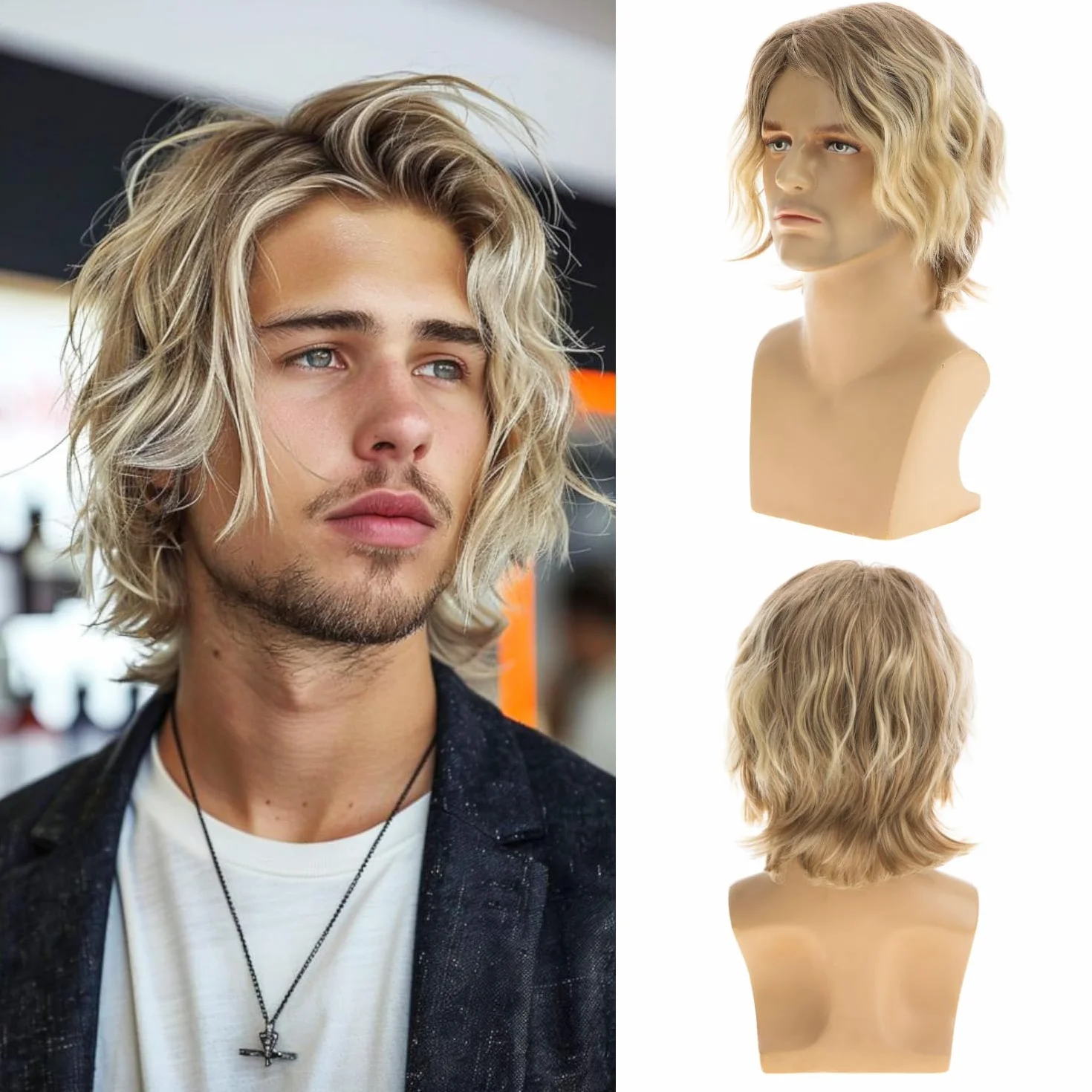 Perruque Blondes Courtes Hommes Cheveux Bouclés Naturels Synthétiques Moelleuses