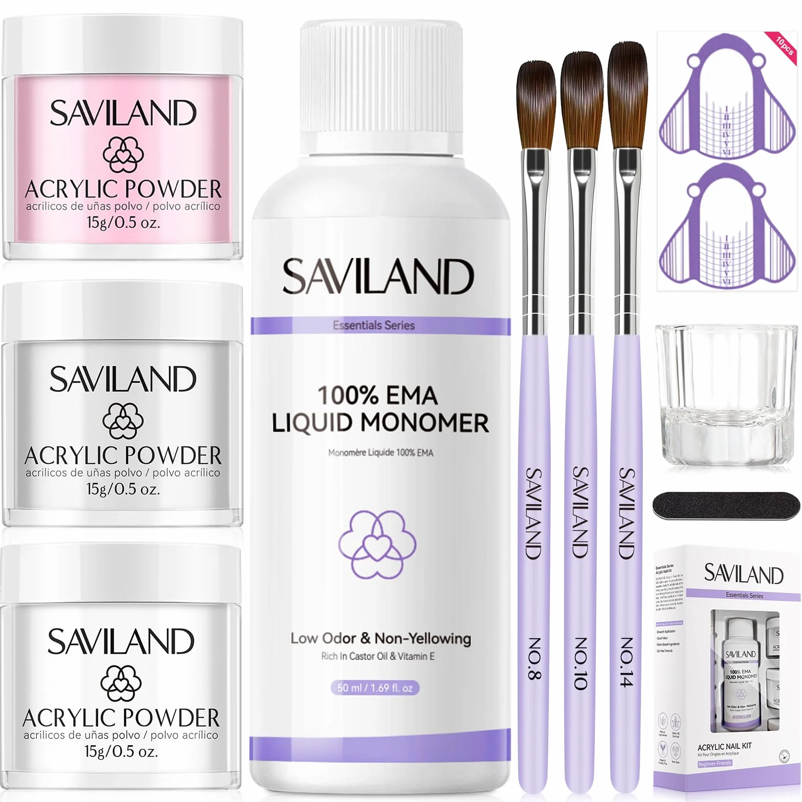 Saviland Kit Poudre Ongle Acrylique Complet: Poudres Acryliques Clair, Blanche et Rose, Monomère EMA, Pinceau Acrylique pour Débutantes, Idéal pour Extensions, Nail Art 3D et Manucure DIY à Domicile