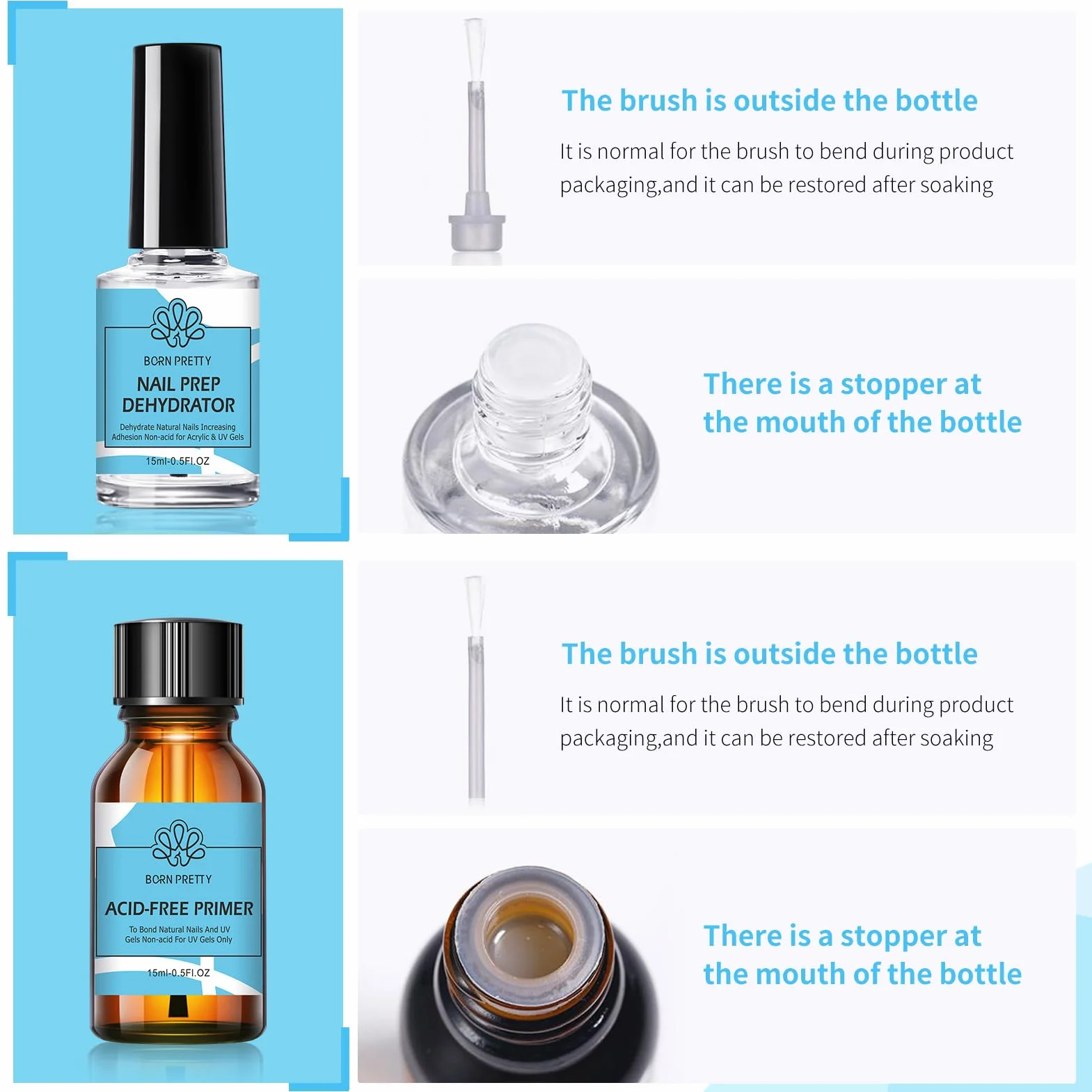 BORN PRETTY Primer Ongle Gel UV Déshydrateur Kit Vernis Semi Permanent 15 ml 2pcs