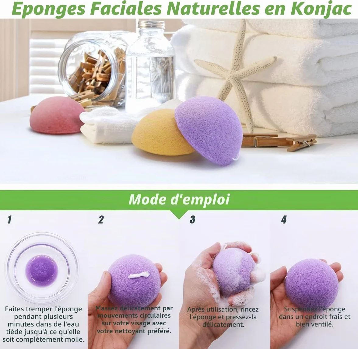 Éponges Konjac Naturelles Lot de 6 - Nettoyant Visage Profond au Charbon Actif & Aloe Vera - Exfoliant Doux Anti-Points Noirs