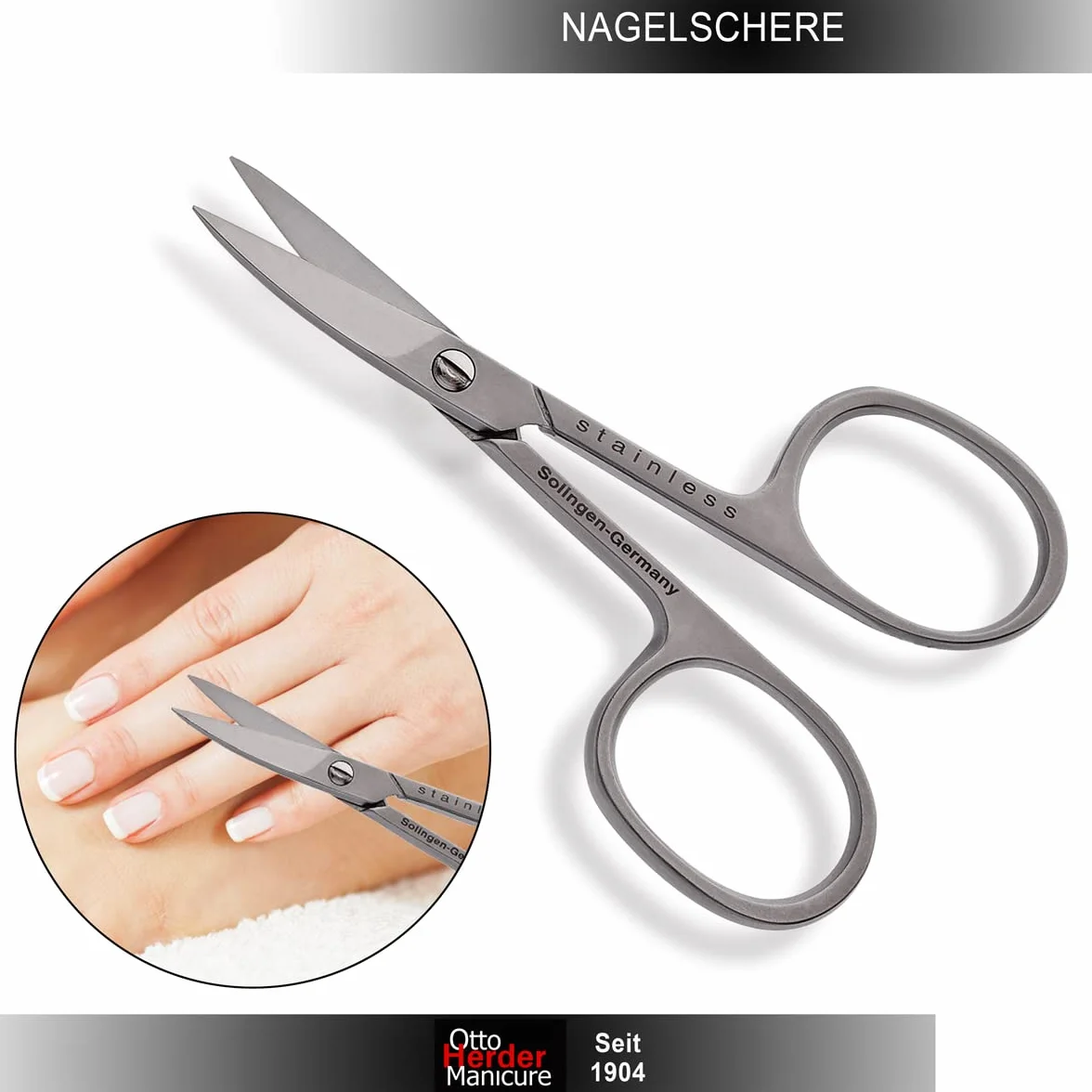 OTTO HERDER Solingen Ciseaux à ongles, incurvés, extra tranchants, 9 cm, avec coupe courbée/micro-denture, simple face en acier inoxydable, pour ongles des mains et des pieds