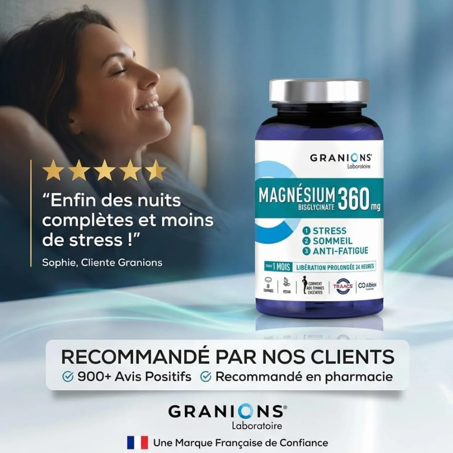 MAGNESIUM BISGLYCINATE 360 MG GRANIONS Magnesium Fort Dosage Vitamine B6 Anti Stress Adulte 60 Comprimés