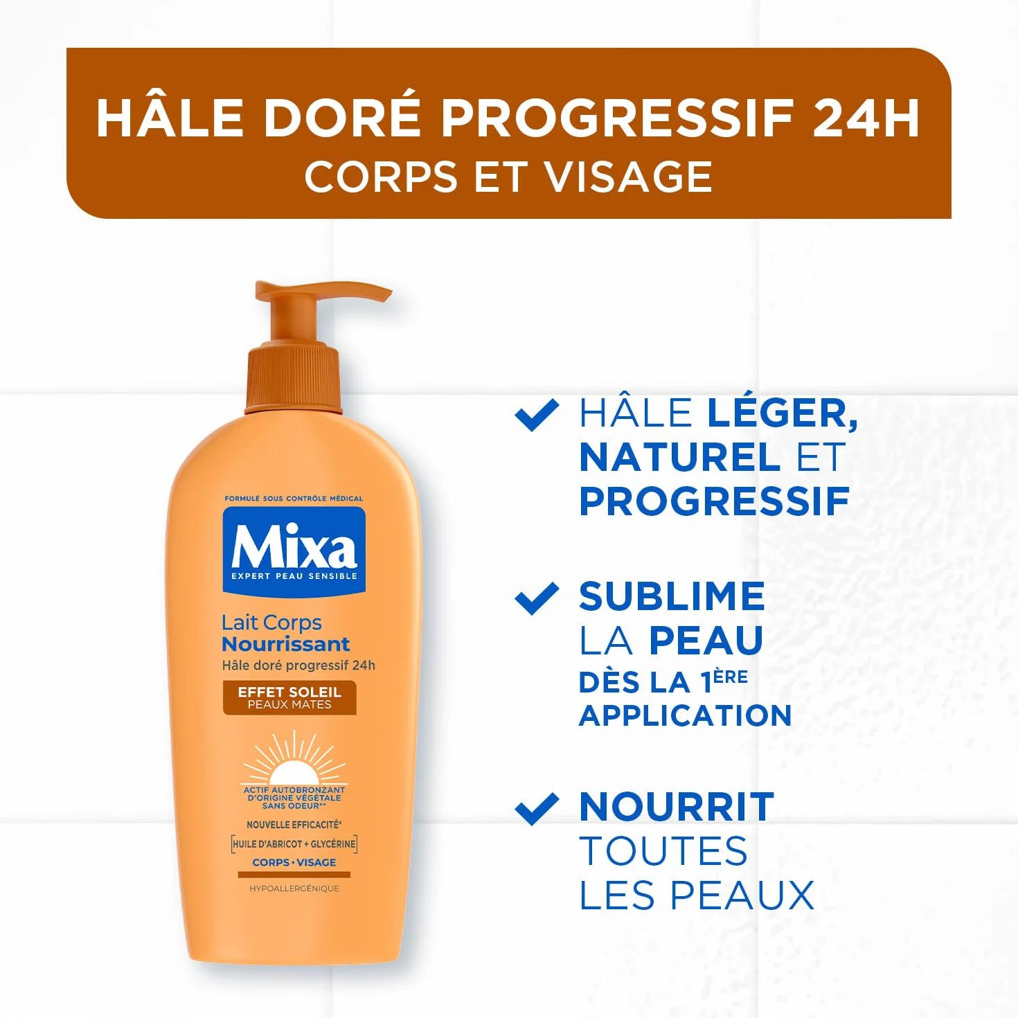 MIXA Autobronzant Lait Corps Nourrissant Effet Soleil Progressif 24H Nutrition Beurre de Karité Huile d’Abricot 250ml