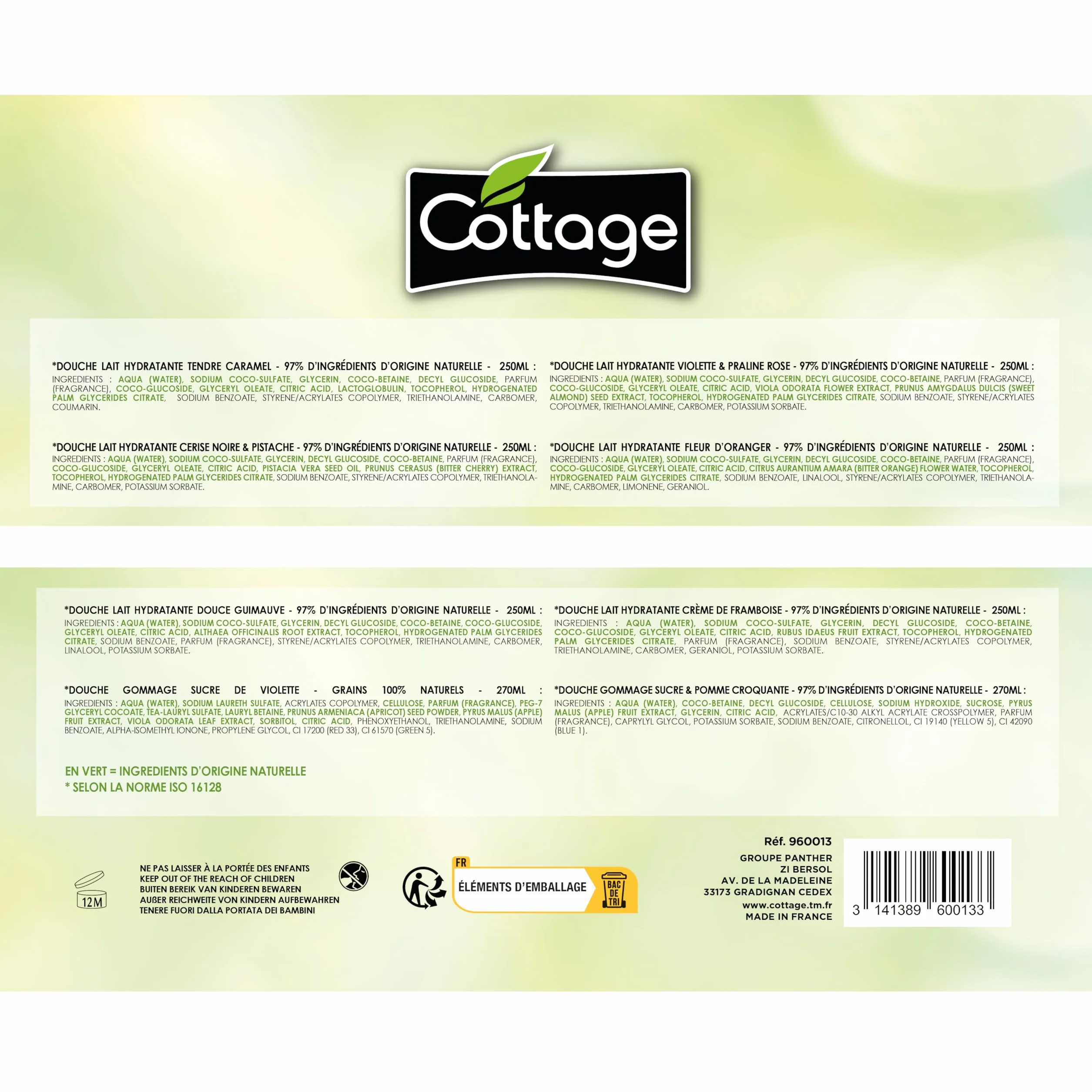 Cottage - offre spéciale lot de 12 gels douches -10 Douches Lait Hydratantes 250 ml + 2 douches Gommage 270 ml - Fabriqué en France