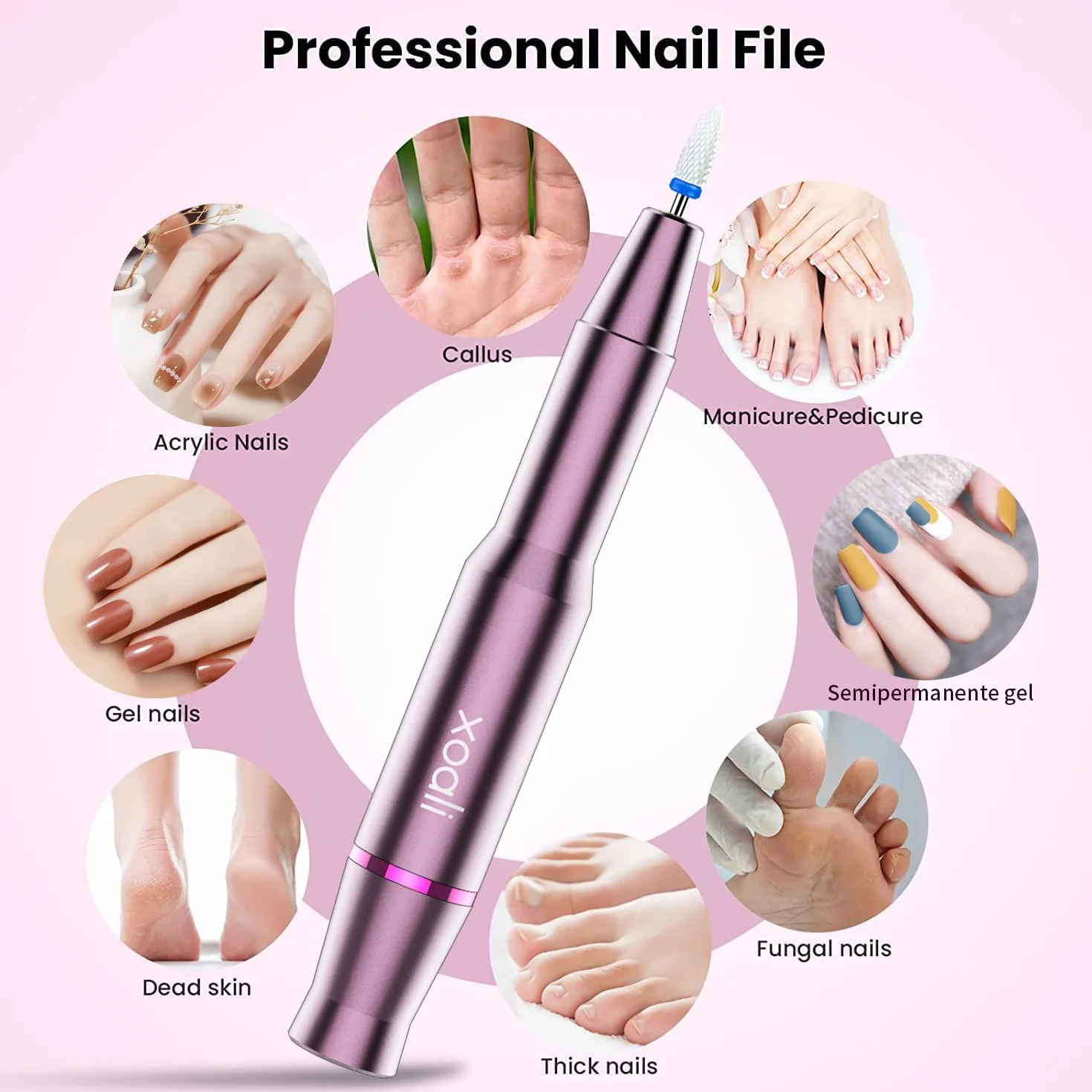 Ponceuse à Ongles Professionnelle 25000 tr/min 12 en 1 Lime Électrique avec Pointe Céramique - Rose
