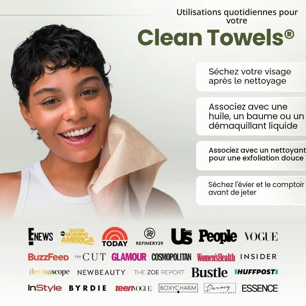 Clean Skin Club Bamboo Viscose Clean Towels XL lingettes visage 100% biosourcées USDA jetables démaquillantes 50 unités