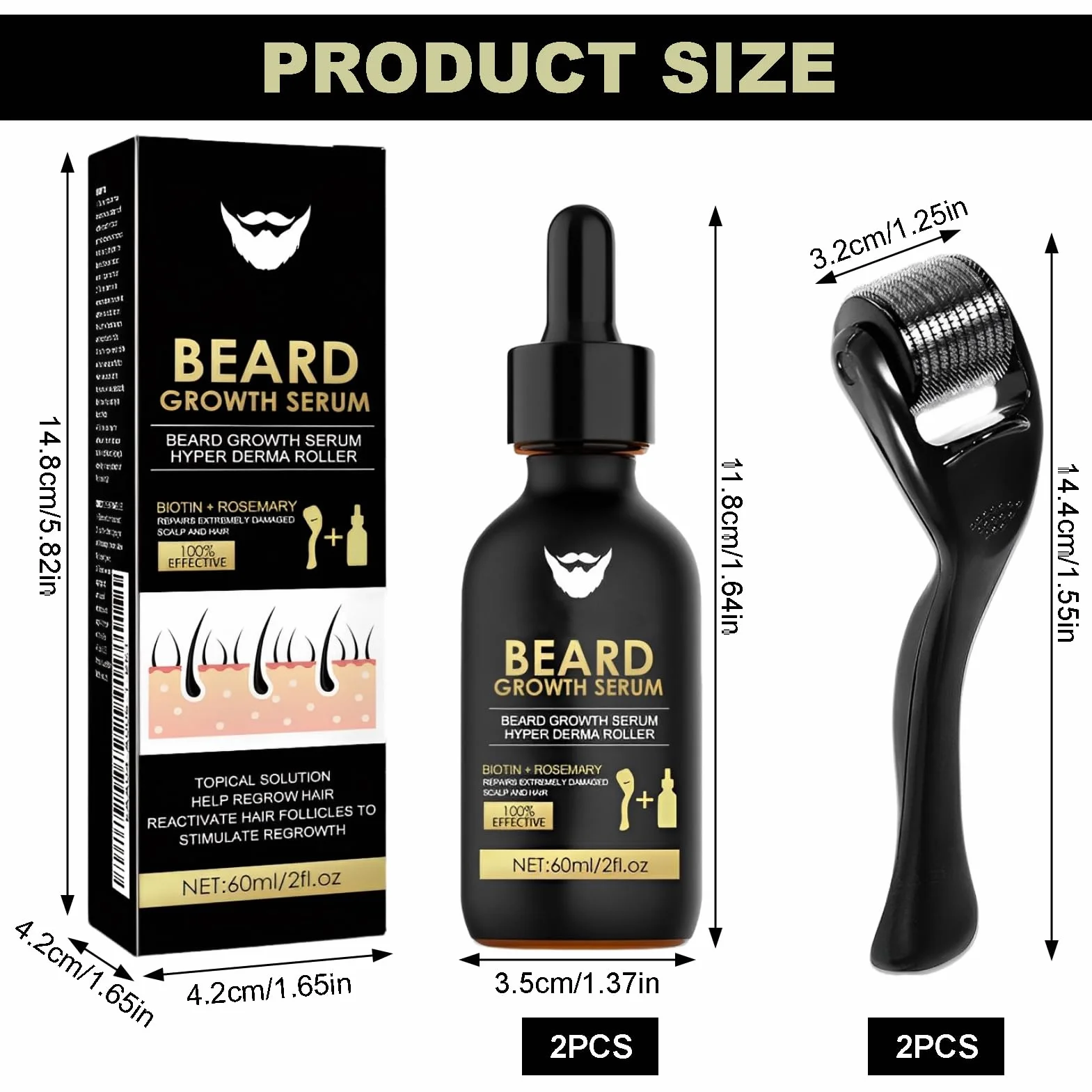 Huile de Croissance de Barbe avec Rouleau, Kit 2 Pièces pour Homme