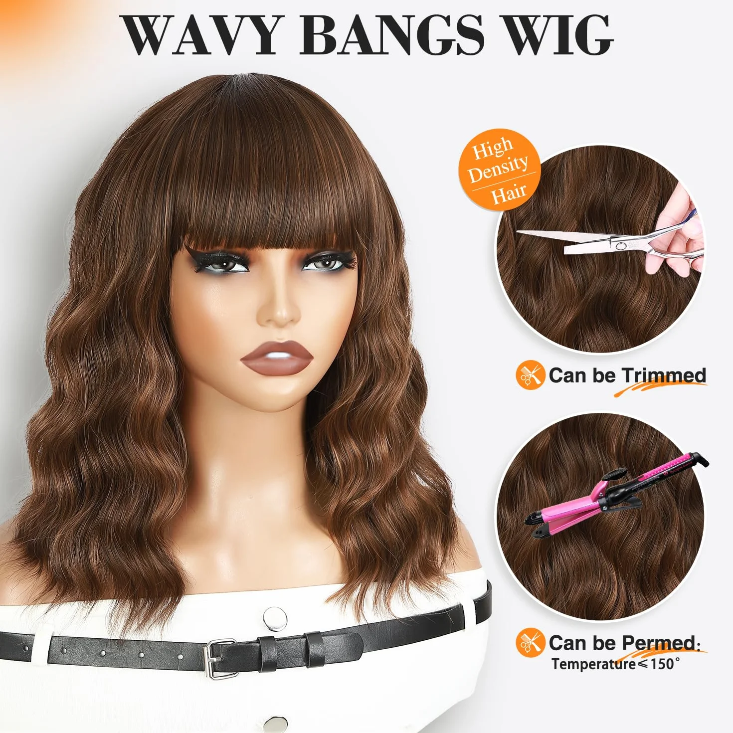 WIGNEE Perruque Carré Ondulée Courte avec Frange – Blond Ombré/Mèches, 30cm Fibre Synthétique Résistante à la Chaleur, Perruque Sans Colle Bouclée Naturelle pour Femme, Usage Quotidien & Fête