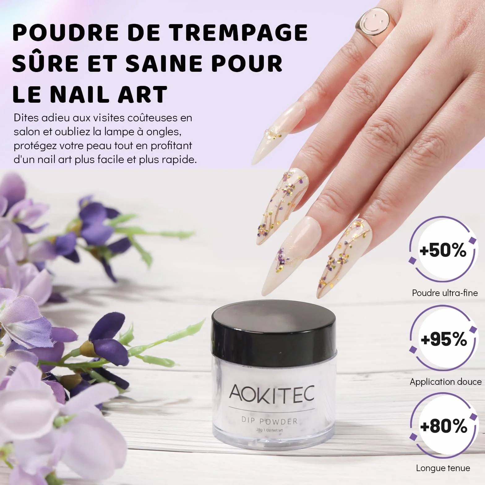 Aokitec Poudre à Tremper Fleurs Séchées Violettes 1 oz Nail Art Décoration