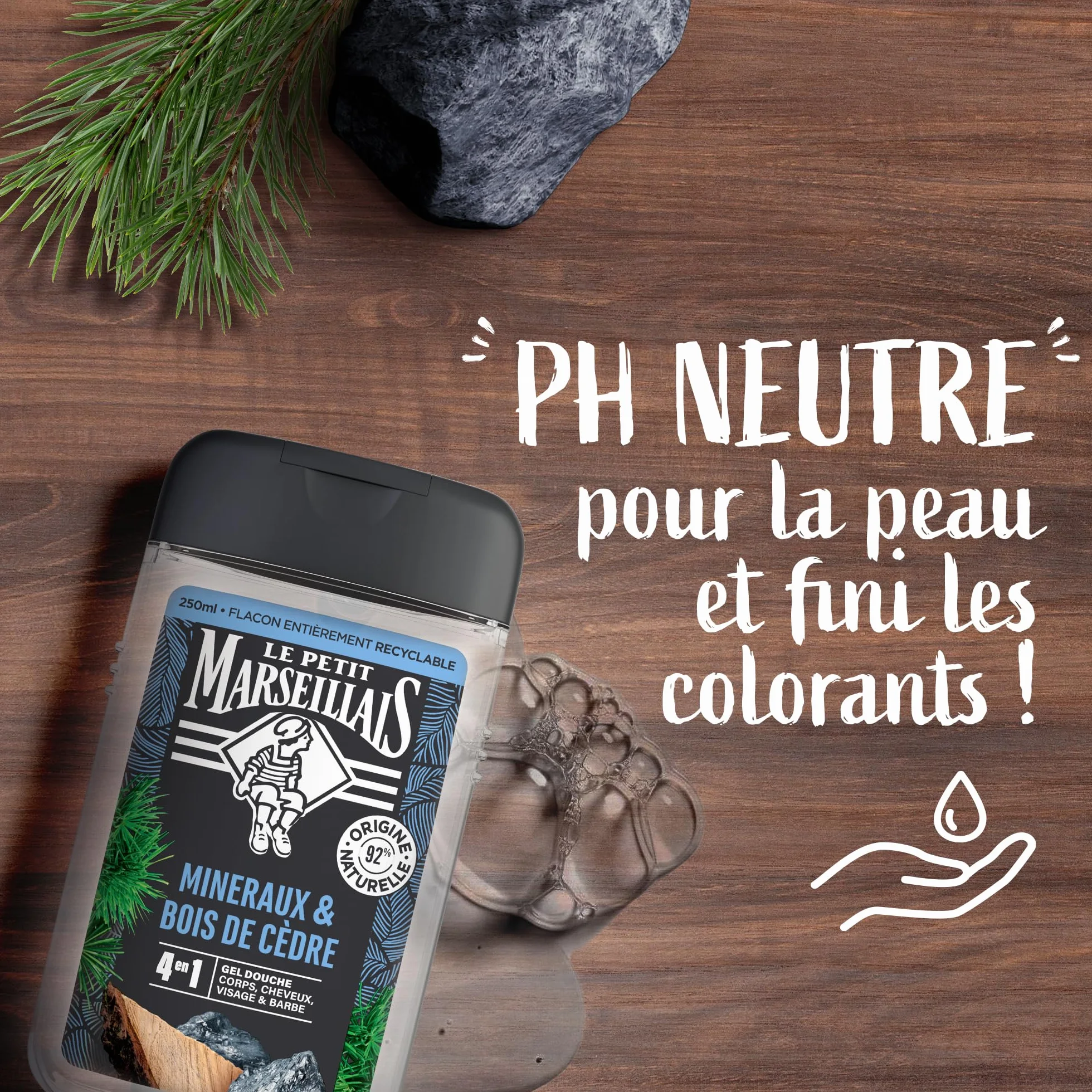 Le Petit Marseillais Gel Douche Homme Minéraux & Bois de Cèdre 250 ml 4 en 1 Corps Cheveux Visage Barbe 92% Ingrédients Naturelle pH Neutre