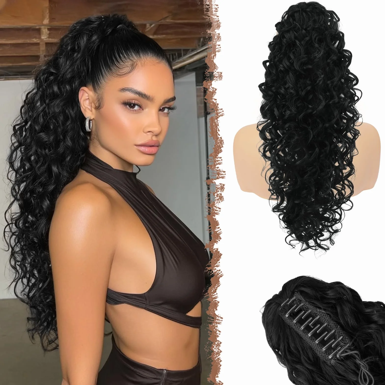 FESHFEN Queue de Cheval Bouclée avec Pince - Postiche Cheveux Noir Naturel Longue Ondulées Postiches Synthétique Fausse Claw Clip Ponytail Extensions pour Femmes, 65 cm
