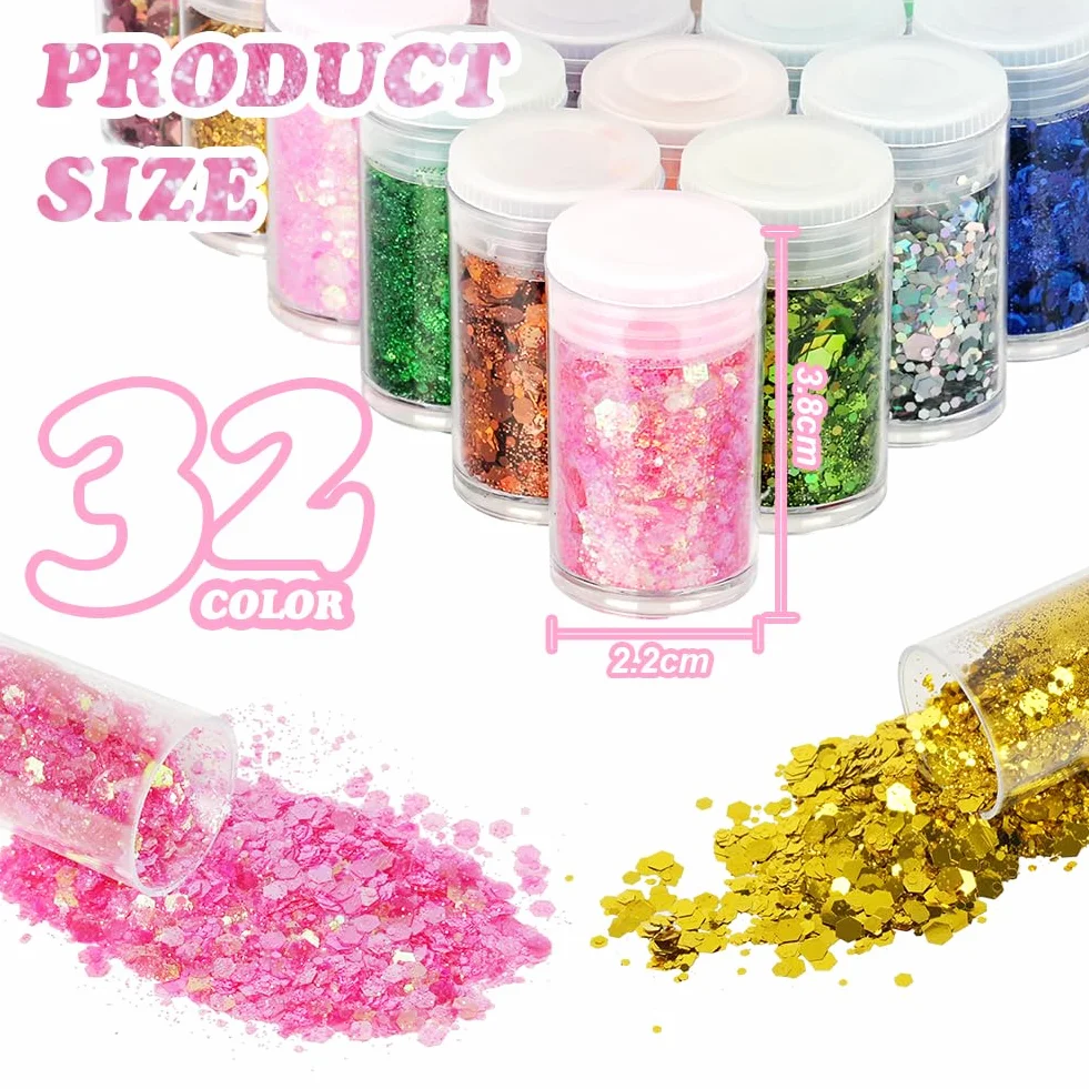 Poudre de Paillettes 32 Couleurs, Paillettes Fines Maquillage Glitter Nail Art 7g