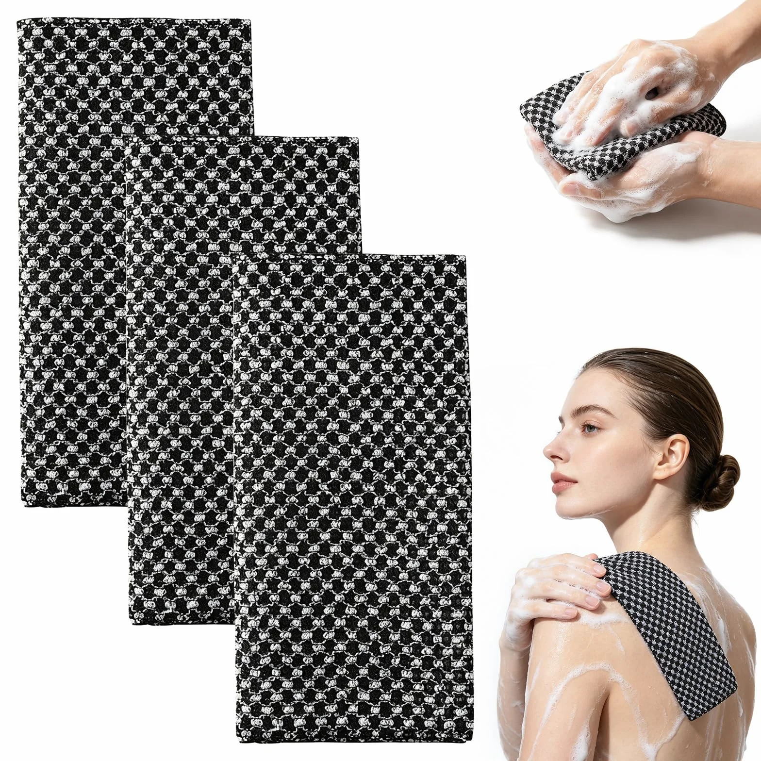Serviette Exfoliante en Fibres de Bambou et Charbon Actif, Exfoliation Douce, Séchage Rapide, Noir