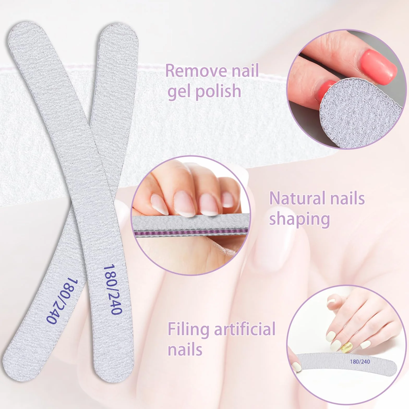 Lime à Ongles Double Face 180/240 Grain Lavable Réutilisable 15pces pour Manucure Cosmétique (Blanc)