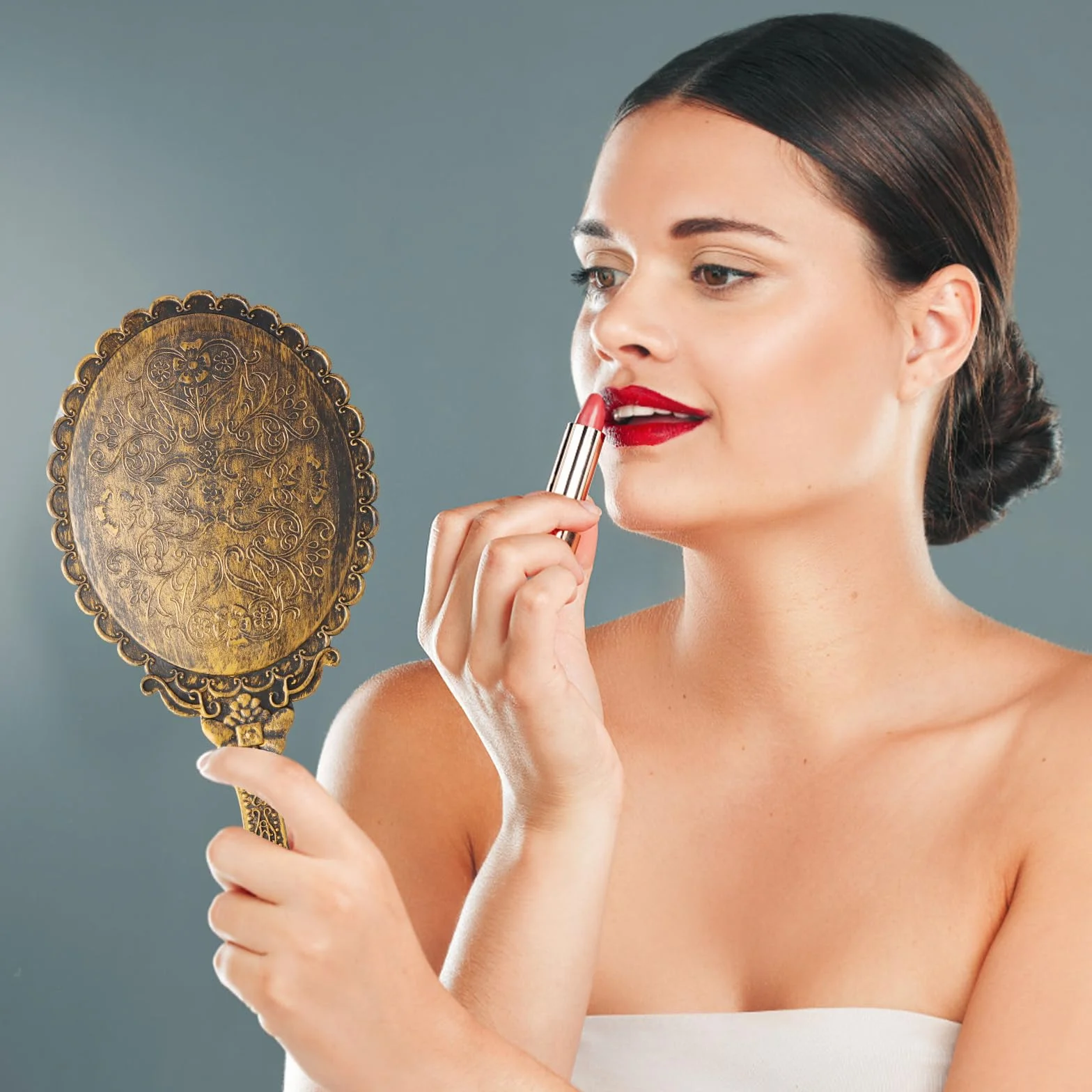 Amexo Miroir Vintage Poche Voyage Main Maquillage Ovale Femmes Beauté Bronze