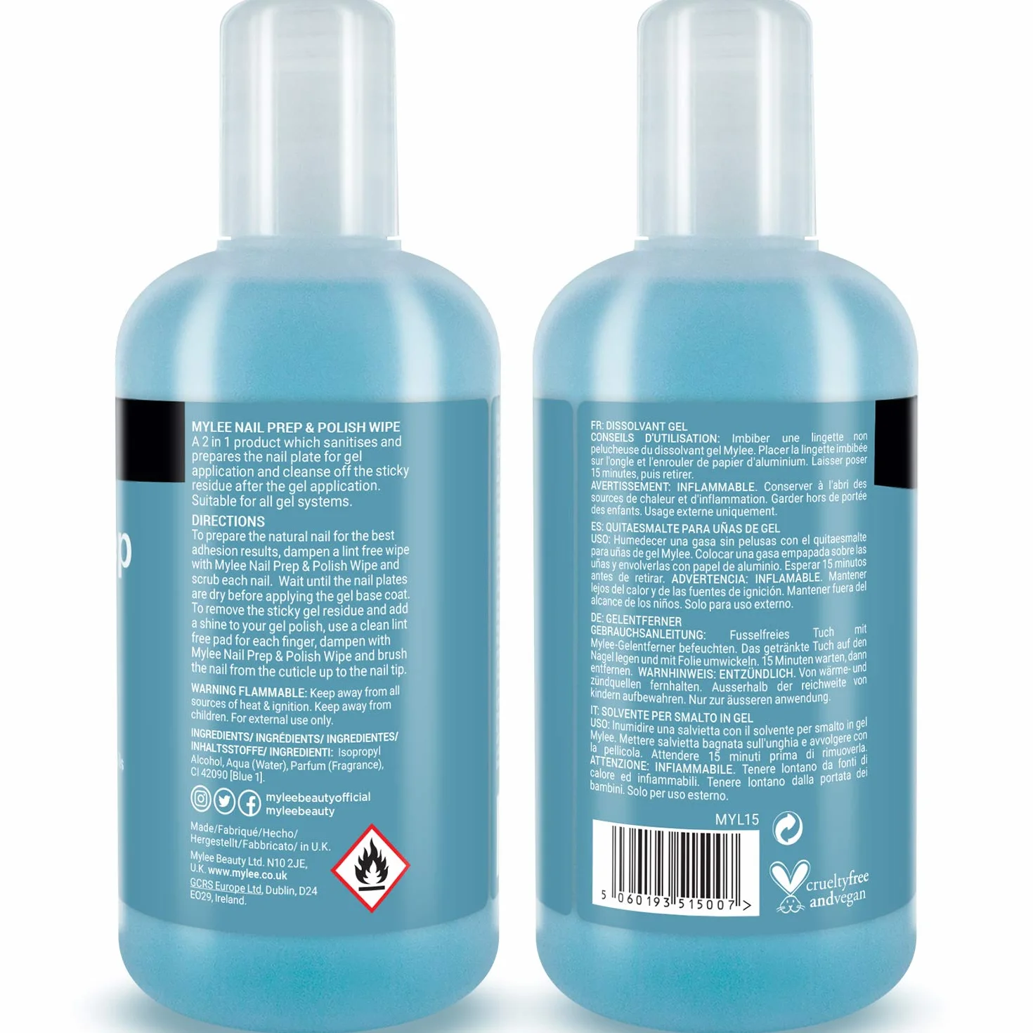 Mylee Prep + Wipe Nettoyant de Résidus de Vernis Semi-Permanent 250 ml, Cleaner Dégraissant Vernis Gel UV LED