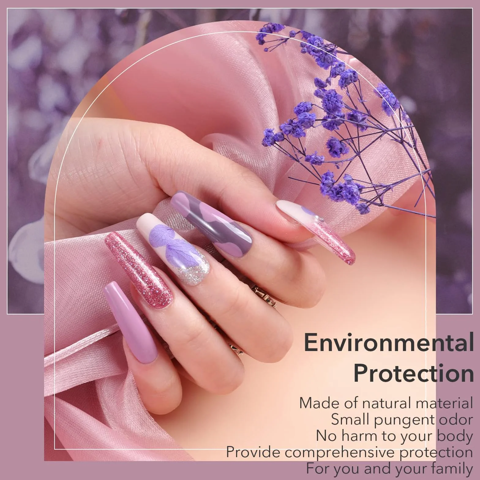 Aokitec Ensemble de 14 poudres à tremper pour ongles, poudre acrylique paillettes lilas avec base, activateur, pinceau protecteur
