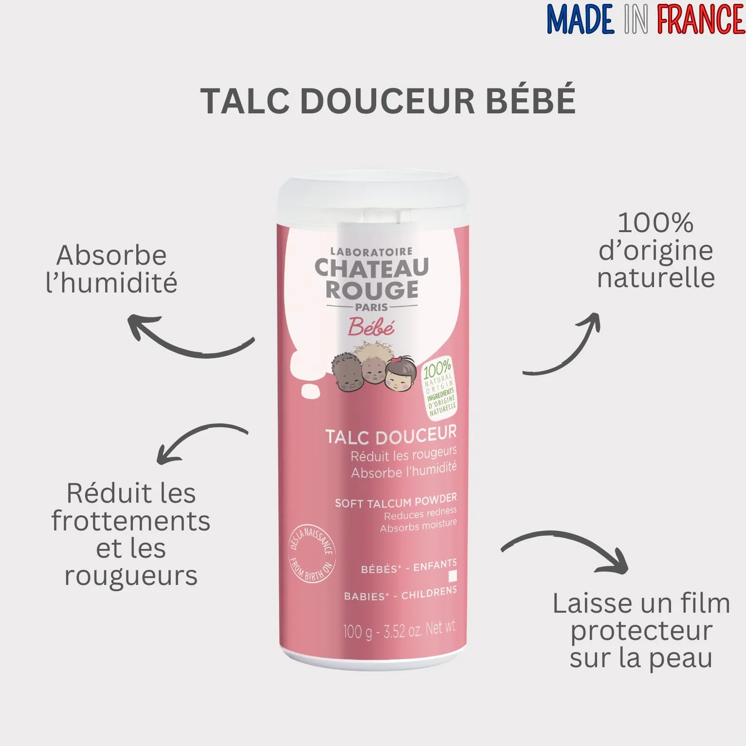LABORATOIRE CHÂTEAU ROUGE Talc Bébé Douceur 100 g Hypoallergénique Sans Parabène Fabriqué en France