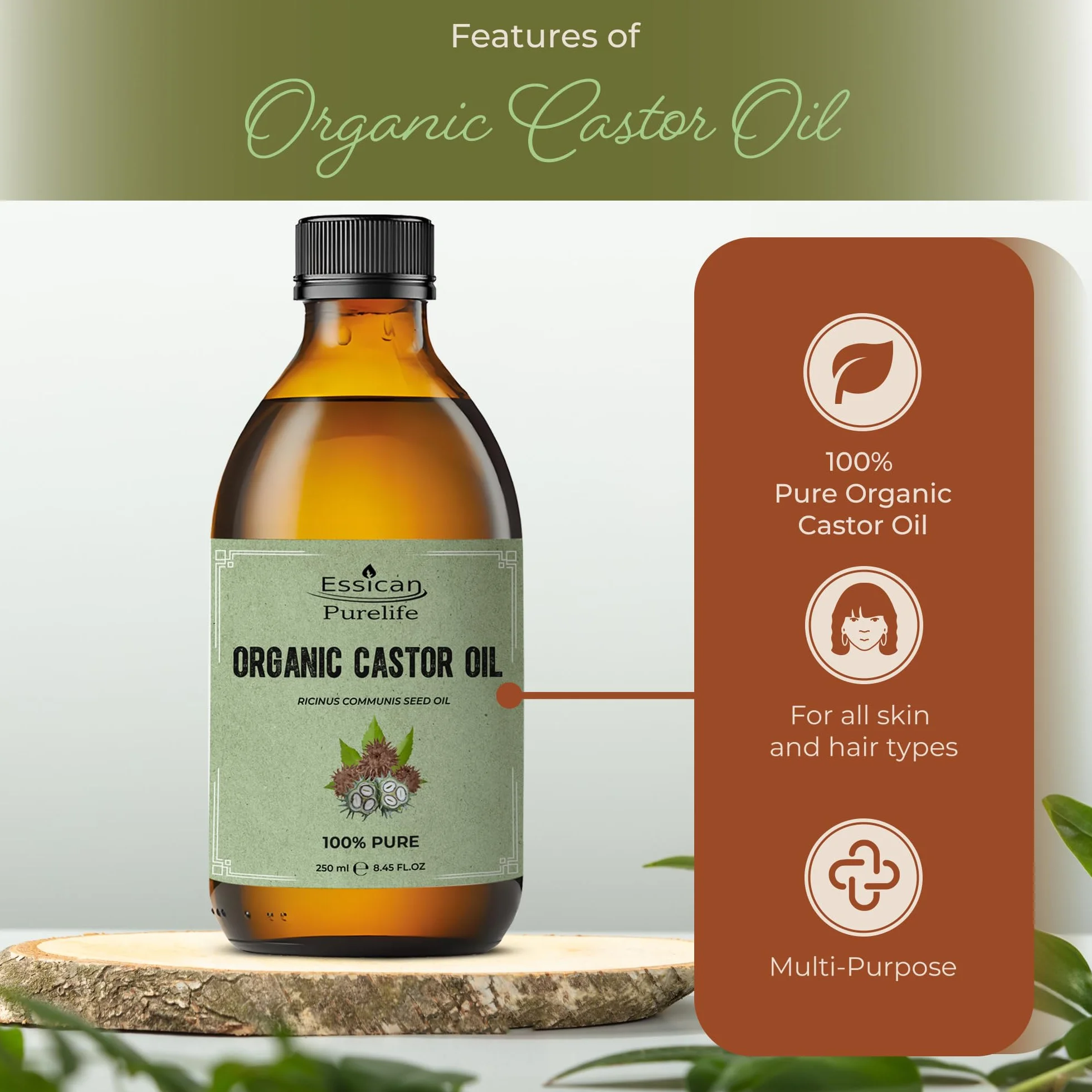 Essican Purelife Huile de Ricin Bio Sans Hexane 250ml Bouteille Verre Pressée à Froid Pure Vitamine E