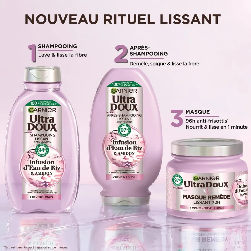 Garnier Ultra Doux Shampooing Lissant Douceur & Brillance Infusion Eau de Riz Cheveux Rebelles 250 ml
