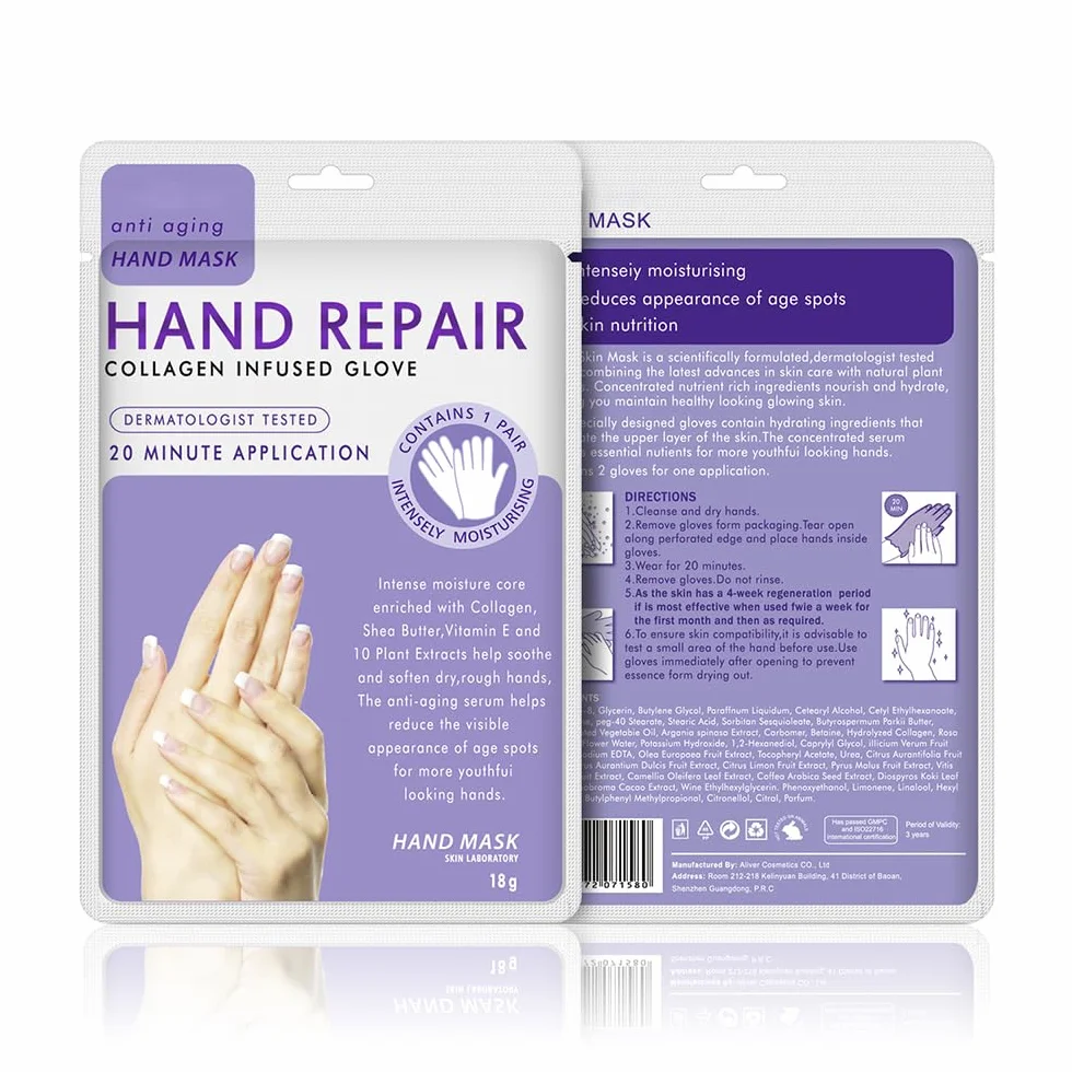 Gants Hydratants pour Mains avec Collagène, Sérum et Vitamines, 5 Paires, Lavande, Blanchissant Anti-âge