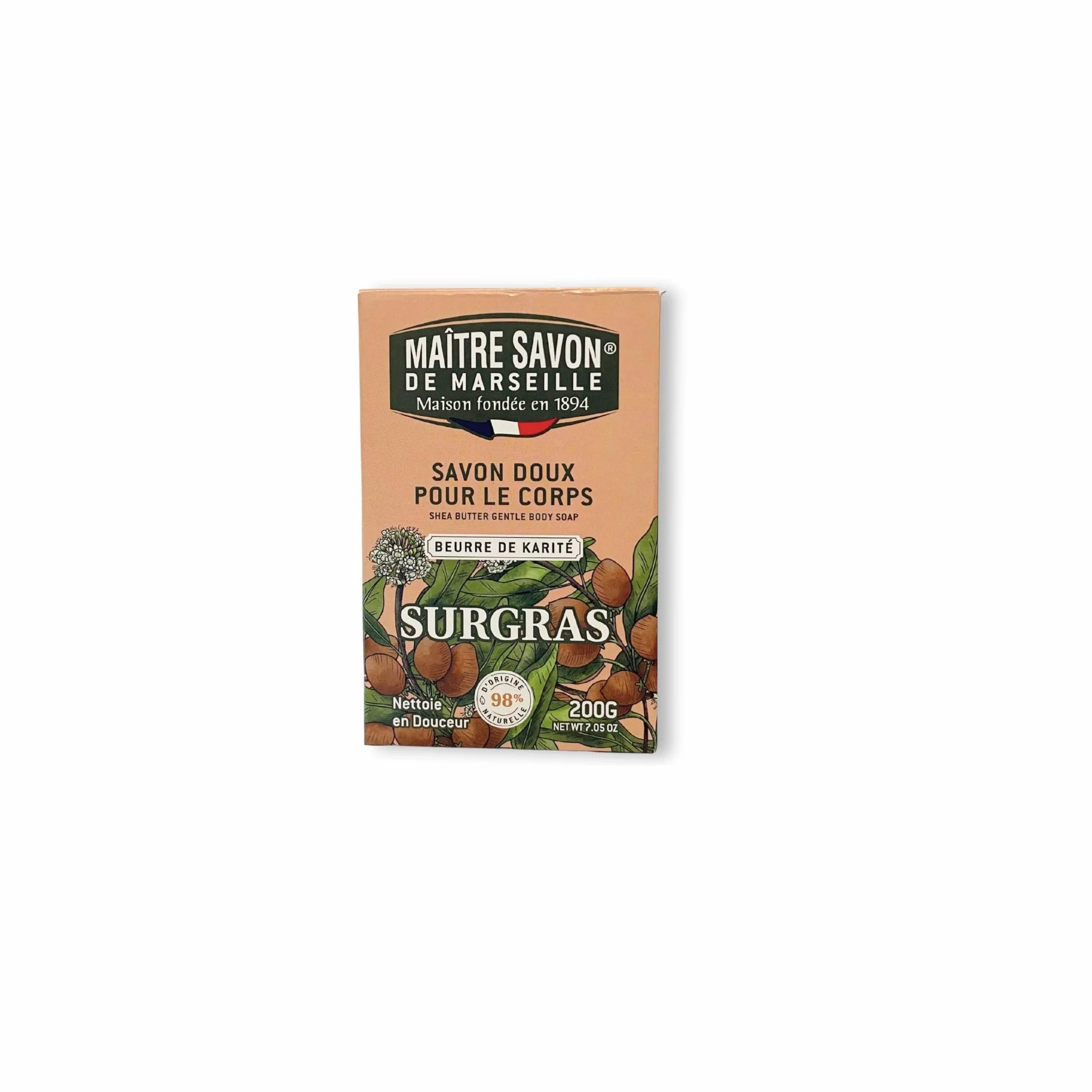 Savon de Marseille Surgras Corps & Mains au Beurre de Karité 200 g 98% Origine Naturelle Fabriqué en France