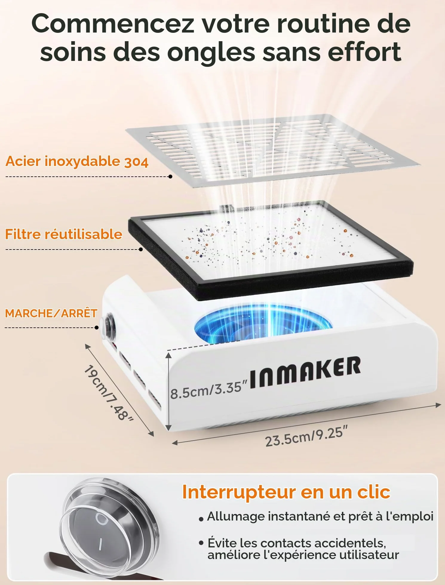 INMAKER Aspirateur Ongles Professionnelle Avec 2 Filtre Remplaçable | 60W Aspirateur Ongle Manucure pour Nail Art ou Salon, Blanc