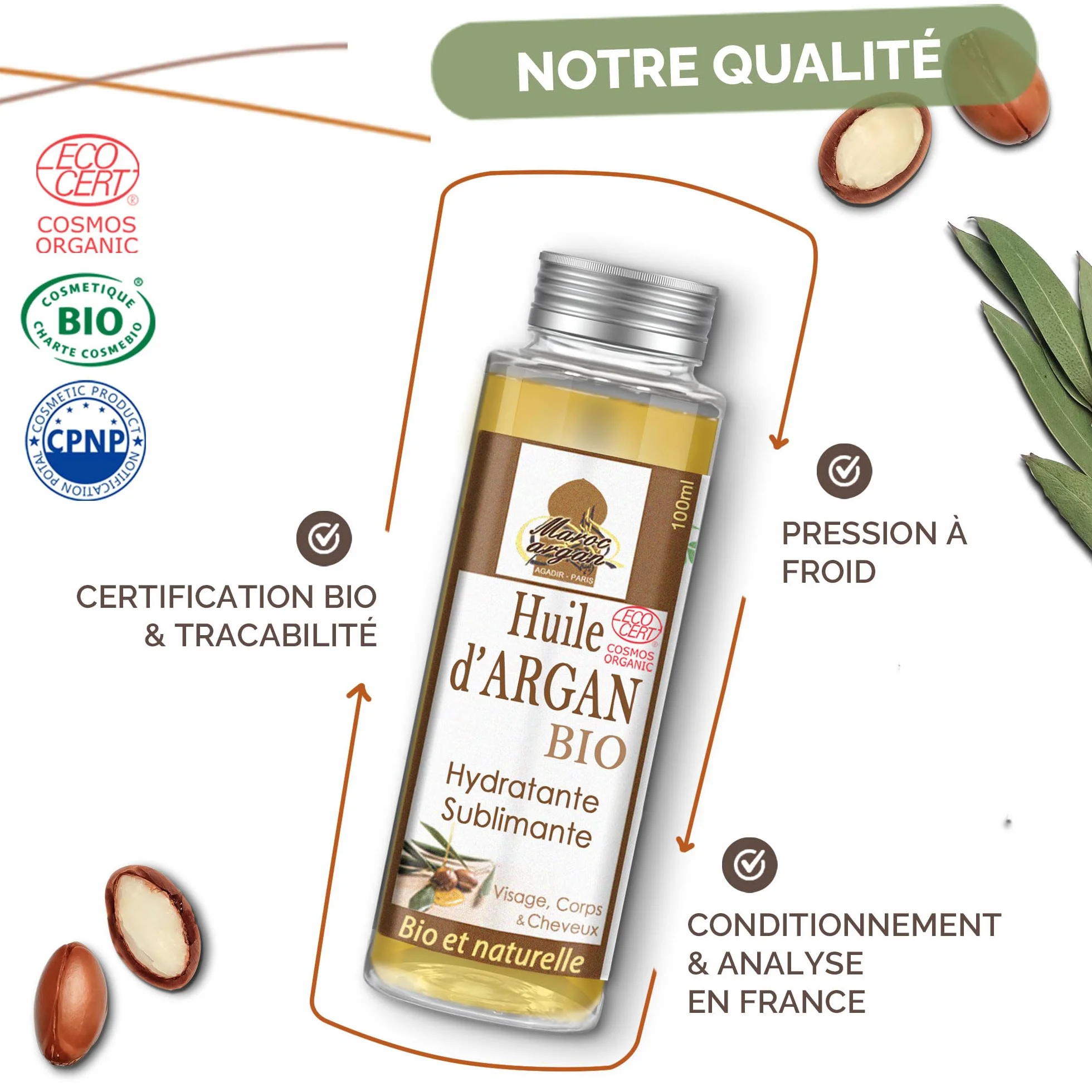 Huile d'Argan BIO Certifiée ECOCERT 100% Pure 100ml Anti-rides Nourrissante Pressée à froid