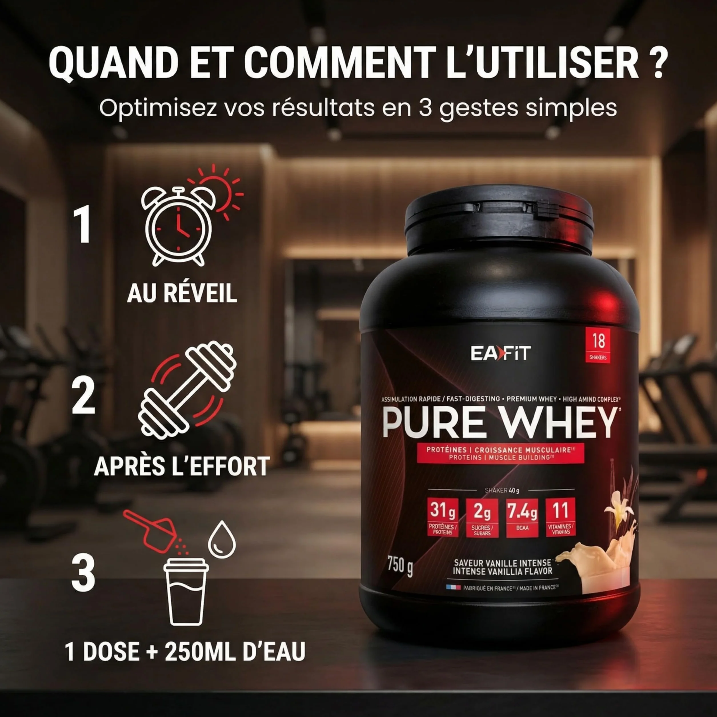 EAFIT WHEY PROTEIN Vanille 750g 31g Proteine BCAA Shaker Pre Workout