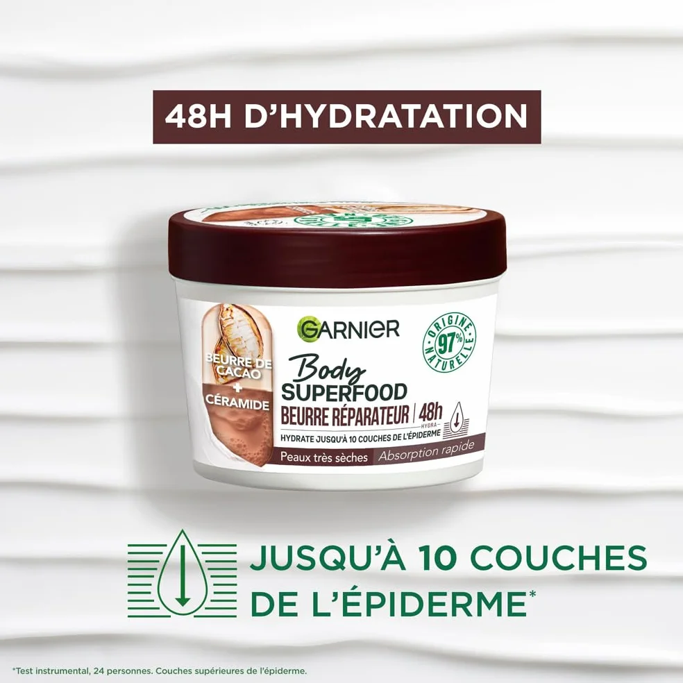 Garnier Body Superfood Crème Soin Corps Réparatrice Hydratation 48H Beurre de Cacao Céramide Peaux Sèches 380 ml