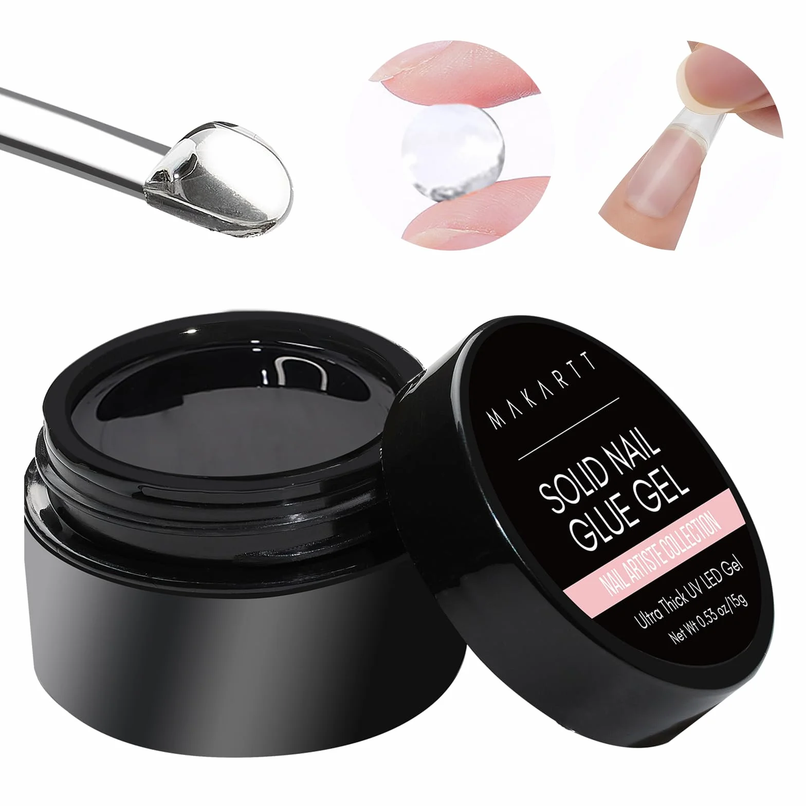 Makartt 15ml Solide Colle Faux Ongles 4 en 1 Adhésif Ultra Fort pour Gel 3D Nail Art, Ongles Pressés, Colle à Strass, Acryliques Formule Non Tac, Durcie au UV/LED