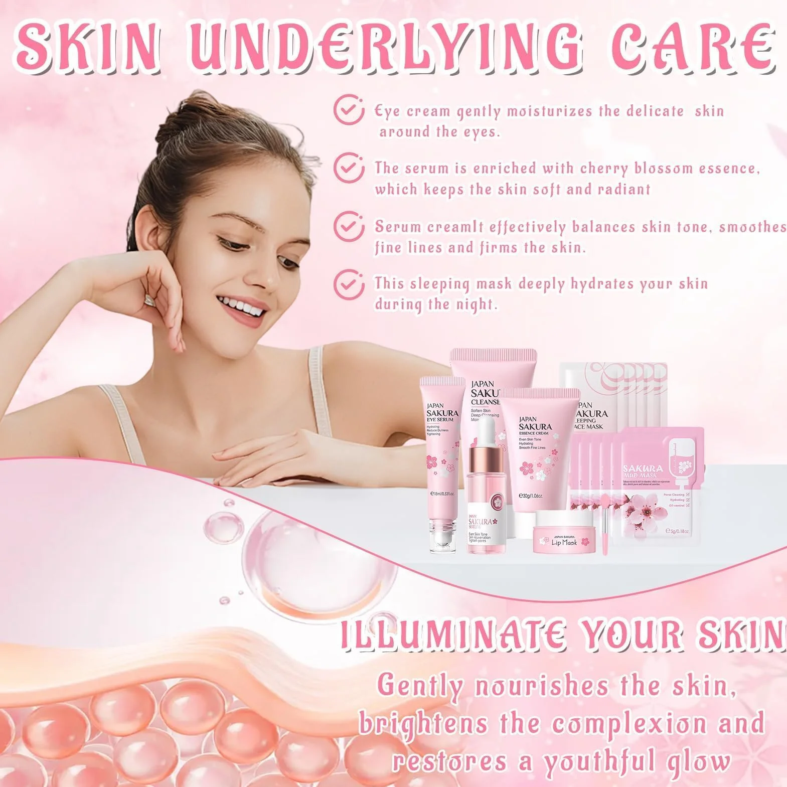 Sakura Ensemble de Soins de la Peau 18 Pièces, Kit Hydratant avec Nettoyant, Crème, Sérum