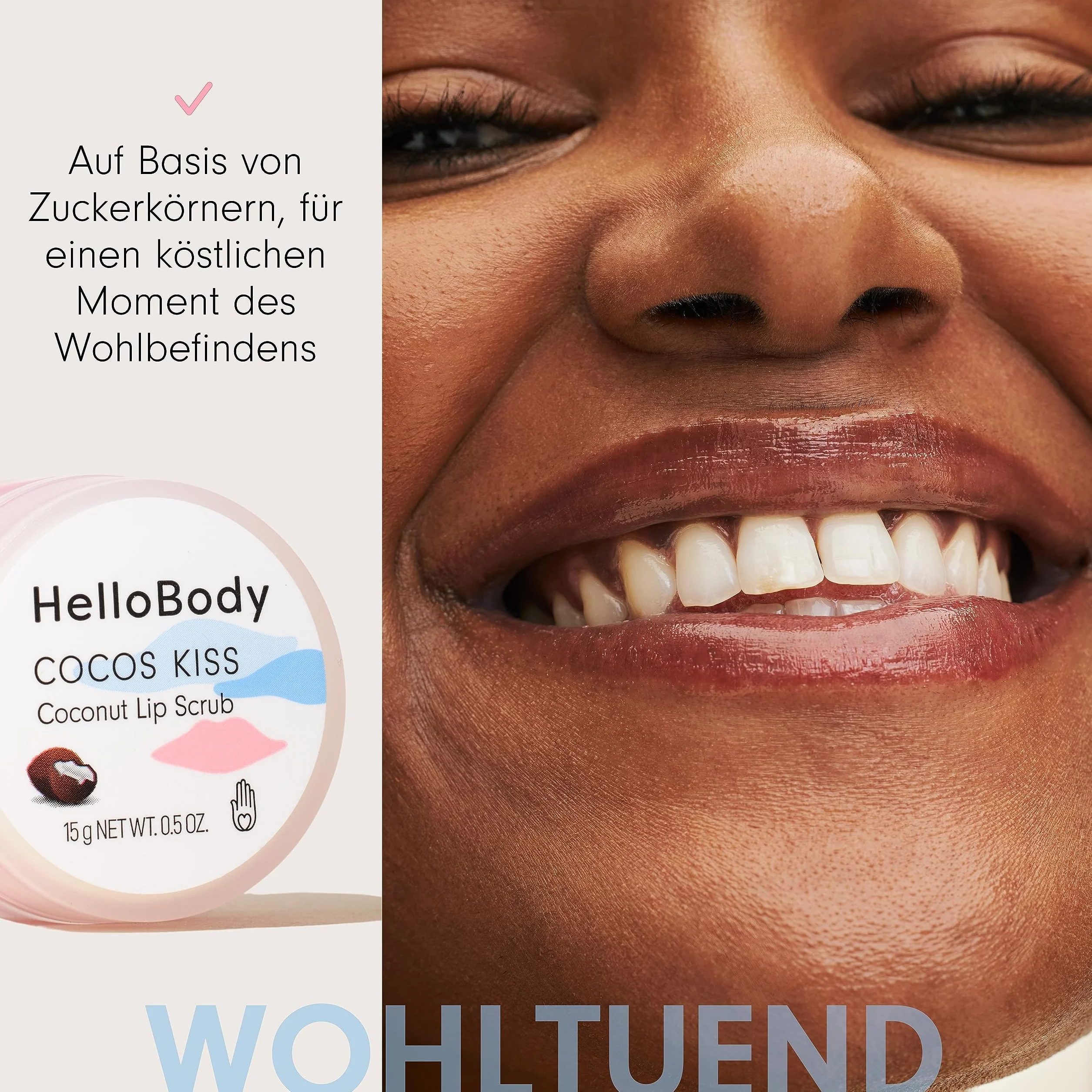 HelloBody Gommage à Lèvres Cocos Kiss 15 ml Exfoliation Soin Lèvres Douces Sucre Beurre Karité Huile Rose Musquée Bio 96,3% Ingrédients Naturels