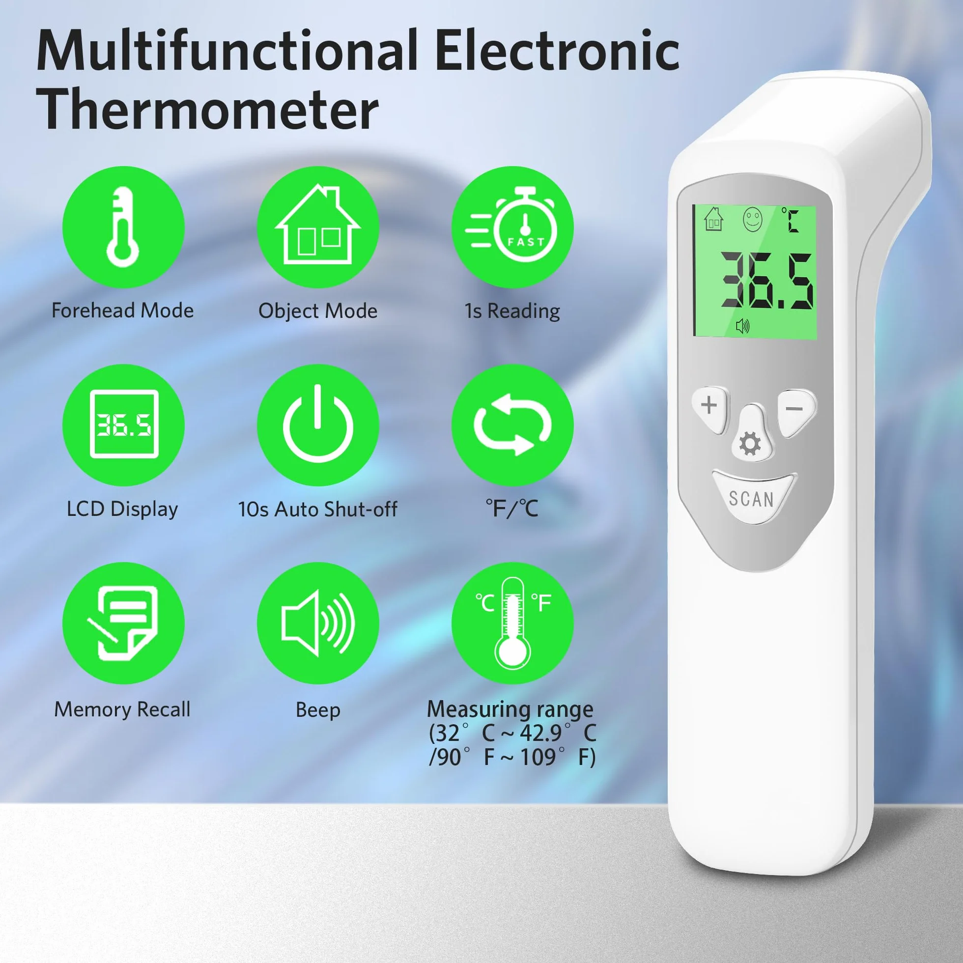 BESTEK Thermomètre Frontal sans Contact Infrarouge avec Lecture Instantanée 1s Écran LCD