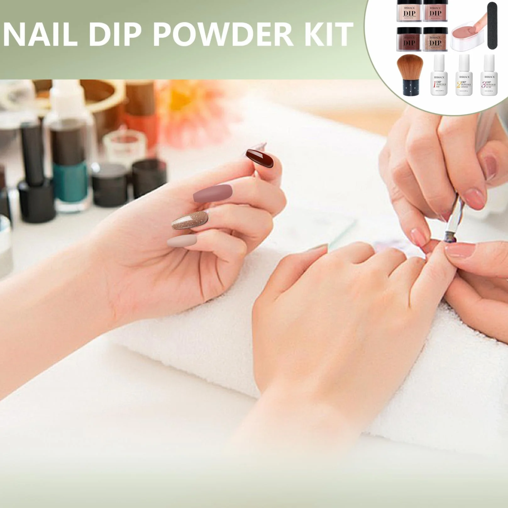 Kit de poudre à trempette à clous 10pcs 4 couleurs avec activateur base couche finition marron