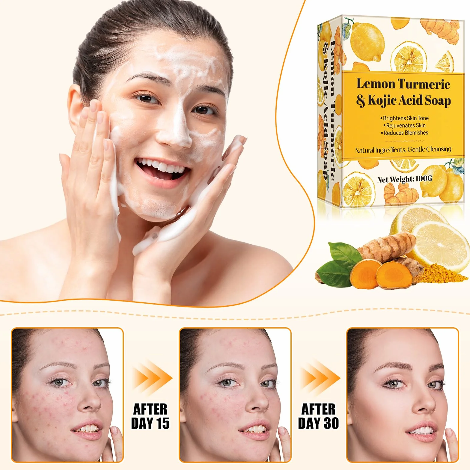 Savon au curcuma au citron éclaircissant nettoyage en profondeur peau lisse acide kojique visage corps