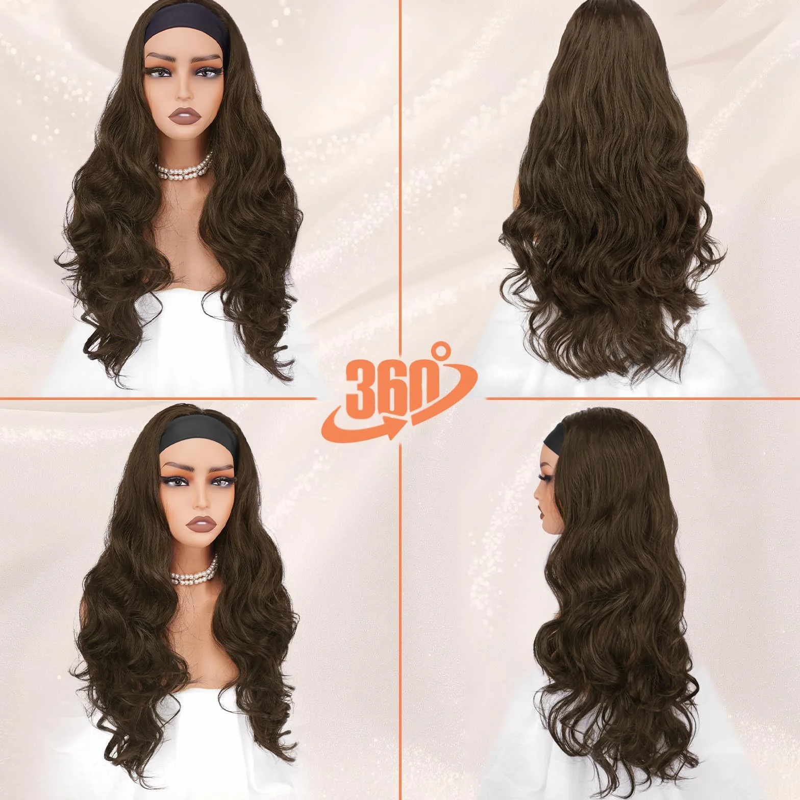 BARSDAR Ondulée Brun Clair Bandeau Perruque, 66cm Longue Body Ondulée Synthétique Headband Perruque pour Femme Hair Wig D'aspect Naturelle Glueless Easy Wear Cheveux Perruques